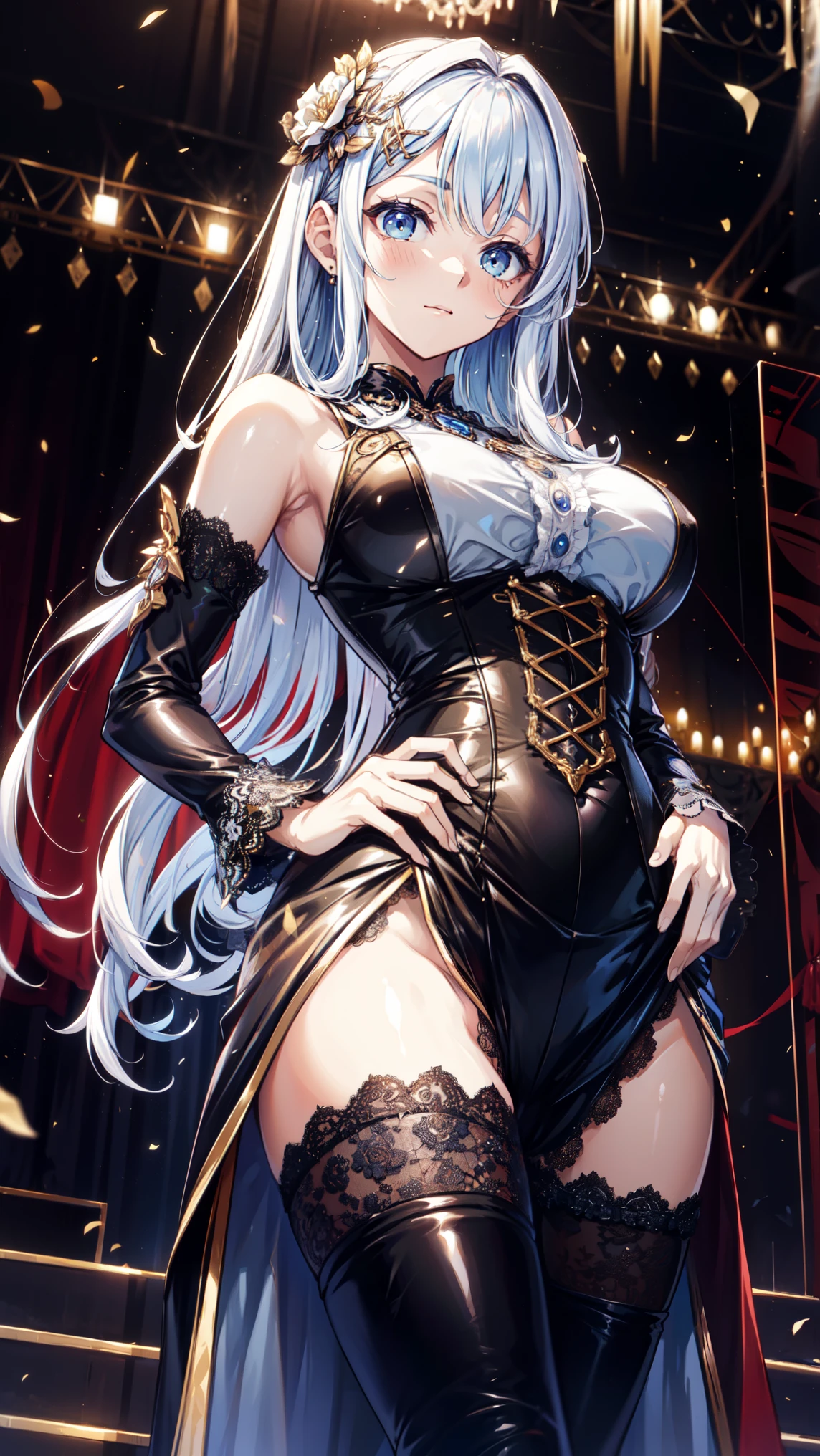 （Enrich the picture，Masterpiece level quality）,Beautiful 8K CG artwork,1girl,solo,morgan le fay (fate),detailed face, perfect face, perfect eyes,blue eyes,Long Hair, pony tail,Very long hair, big boob,thighs,side locks, French braid, grey hair,Slim and soft,???????????,