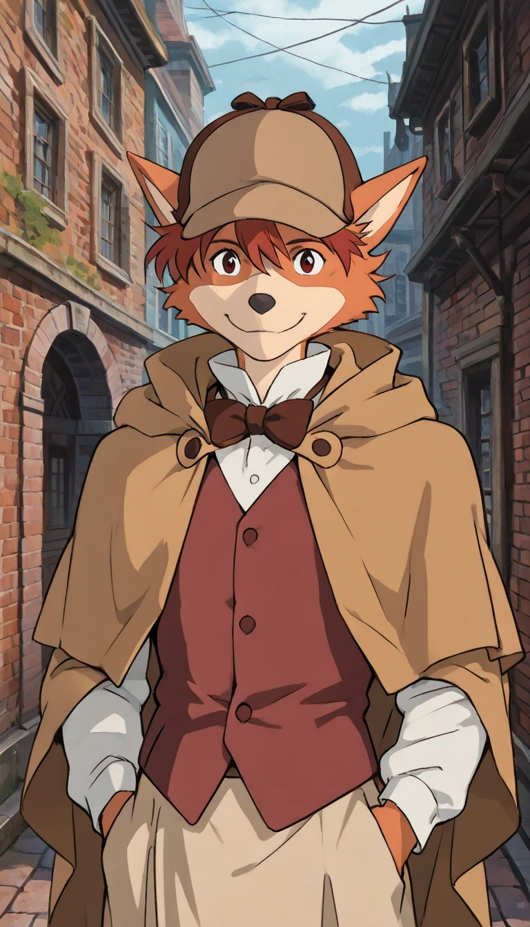 (score_9, score_8_up, score_7_up, score_6_up, score_5_up, score_4_up, source_furry, anthro, sherlock hound, 1boy, male focus), (extremely detailed CG unit 8k wallpaper),(master part), (best quality), (ultra detail), (best illustration),(ghibli_style), cowboy shot, close up, standing, facing viewer, looking at viewer, perfect face, perfect eyes, perfect fingers, (Sharp eyeliner, ombre, detailed eyes:1), traditional media, ghibli landscapes, scenery, outdoors, narrow alley, brick wall, London, break , upper body, solo, smile, (brown detective hat, travelers cloak , dark red vest, white dress shirt, short hair, hands in pocket , messy hair)