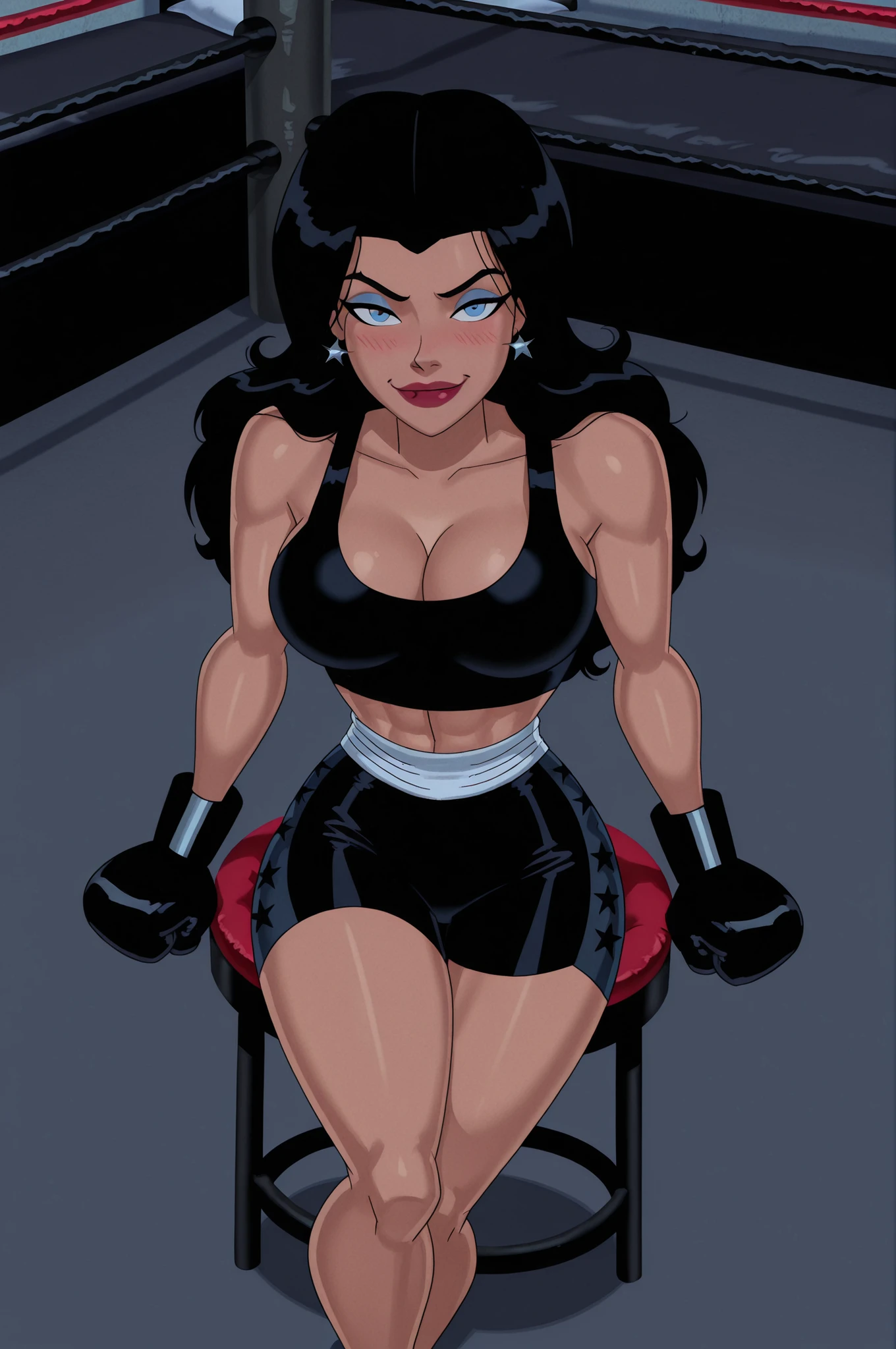 BREAK, score_6_up, score_7_up, score_8_up, score_9, su_donna, 1girl, solo, black hair, long hair, earrings, blue eyes, lipstick, makeup, very , busty, cleavage, curvy, athletic, looking at viewer, seducing viewer, teasing viewer, expression, smiling, closed mouth, bedroom eyes, black sports bra, black boxing shorts, black boxing gloves, indoors, boxing ring, sitting on stool, closeup, portrait, upper body, high-angle view, blushing, blue eyeshadow, black mascara