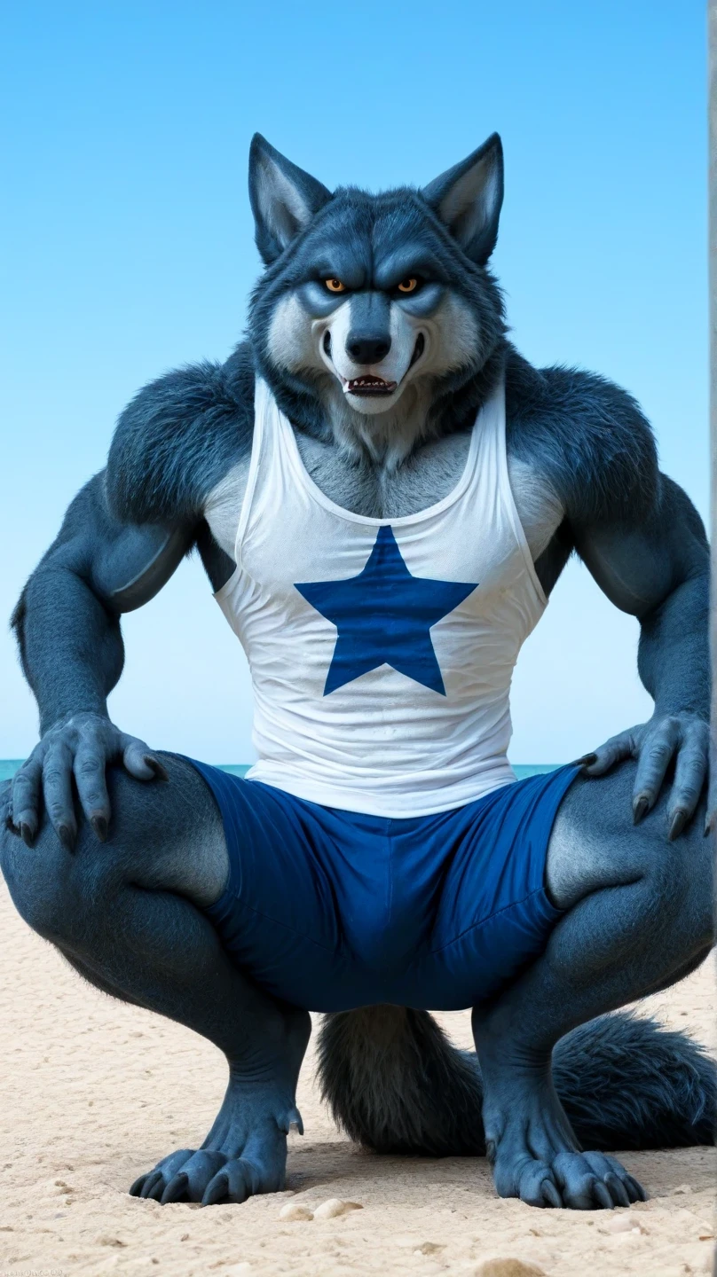 male blue werewolf, white tank top, blue star print, hairy,  crouching in the front, crouching , on the outside, cuerpo completo, wolf tail , Looking at the viewer,  amber eyes , anthropomorphic wolf, in front al espectador , in front, vista frontal , blue shorts and tight shorts,  on the beach,  Sky blue, Blue Sea,  sunny day, clawed feet, male werewolf