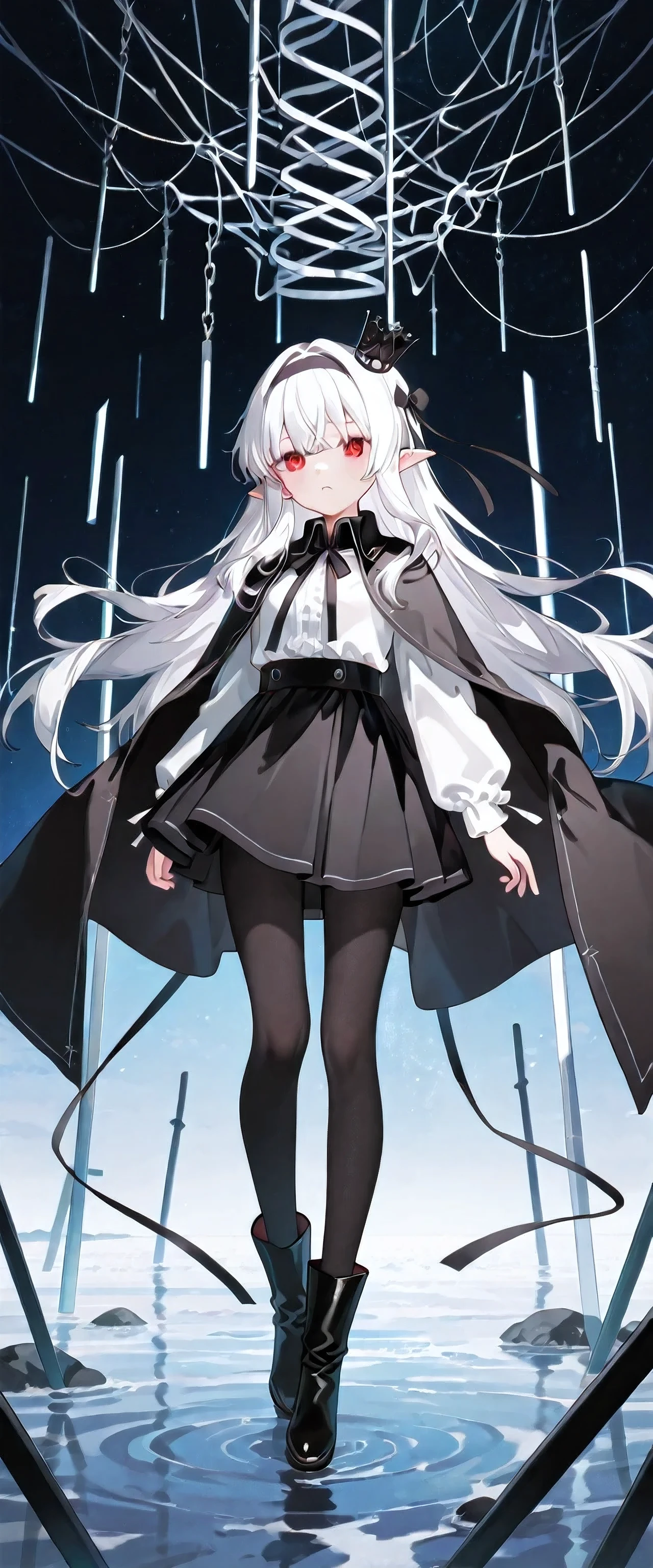 银色长发,少女,Red pupil,Elf ears,The black crown floats above the head,Black silk ribbon bow at the collar,Black ribbon hair tie,White shirt ,Black cloak,Black headband,short black skirt,black pantyhose,white fur,Black long boots,Expressionless,站立,空白的背景