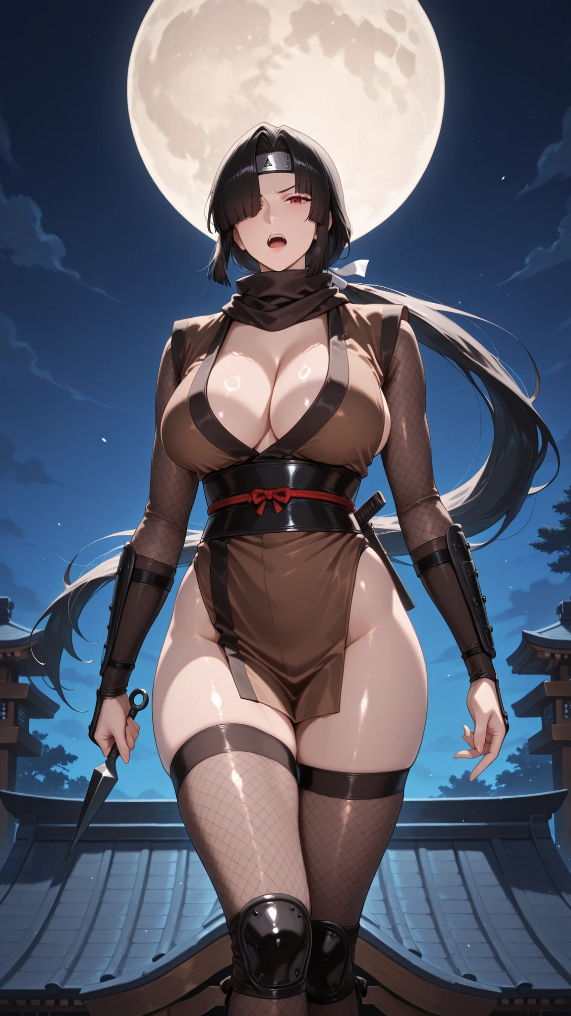 ninja, fishnets, scarf,handfixer,Japanese background,SOLO,A mature Female(Ninja),Black body Tights under Ninja Clothing,Japanese clothes,black hair, Black silk Stockings, Red eyes, large breasts, Ninja sleeves Armor,Ninja Headband,(Brown Short hair,curtained hair, hime cut, hair over one eye)),((Very long ponytail)(Low ponytail)),(One Hand Finger Gun),(Another hand Holding A kunai),(Rebuke, scowl,v-shaped eyebrows, open mouth),Standing on the roof of the Shrine,Outdoors,At Midnight,Full moon,UHD, masterpiece, anatomically correct, Shiny skin, super detail, best quality, highres, 16k, 1080P,(From Side),(((Look at the viewer)))