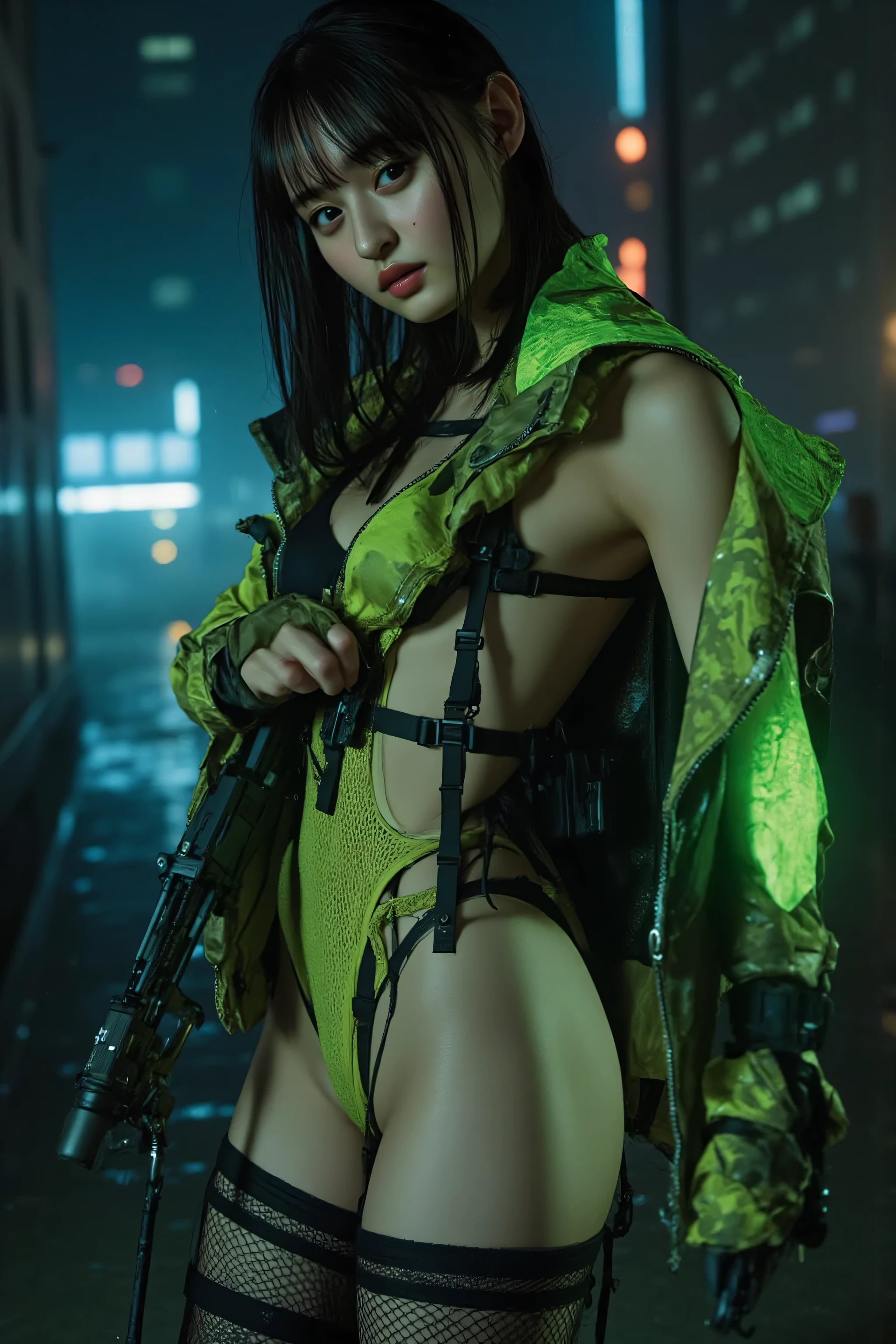 (((Future wharf in the middle of the night and torrential rain:2.0))),(((HR Giger-esque cyberpunk atmosphere:2.0))),(((Holding a Cyberpunk Style Japanese Sword:2.0))),one woman,(nasty expression:2.0),(Beautiful well-balanced face :1.7),(((bright red lipstick:1.7))),(wavy hair:1.5),(beautiful eyes:1.3),glamorous shot of a 20-year-old Japanese woman,Beautiful slender body,((model body type:2.0)),((slim body:1.7)),perfect body line,ideal proportions,((BIG BREASTS:2.0)),((スリーサイズ90-58-86:3.0)),((F cup chest:1.5)),big boobs,Bare thighs,(sensual thighs:1.7),delicate body,(muscular:1.7),a harmonious posture,((Realistic breast depiction :1.7)),carefully depict limbs based on perfect anatomy,((futuristic samurai style super high-leg leotard with black harness:2.0)),((A short fluorescent green military jacket with an ultra high leg ultra high leg leotard:2.0)),((((holding a fluorescent green assault rifle:2.0)))),((Tactical Holster:2.0)),(Gloves:1.5),((((thick fishnet tights:2.0)))),(((short black military jacket with an open front over a leotard:2.0))),(((cat ear style ear monitor:2.0))),((Super erotic costumes:2.0)),Concept Art,(Highest Quality:1.5),(masterpiece:1.5),(超高Resolution),Resolution,UHD,(delicate depiction),carefully drawn,32k,((Realistic Skin Texture:1.5)),(Rainy Skin:2.0)((pale skin:2.0)),(((ULTRA REALISTIC:1.5))),carefully drawn eyelashes,very detailed faces at a Japanese hot spring,highly detailed female hands, Sexy appearance ,very sensual,(Blurry, dim background:1.5),professional photo shoot,(Movie Lights:2.0),((Blade Runner Style Lighting:2.0))