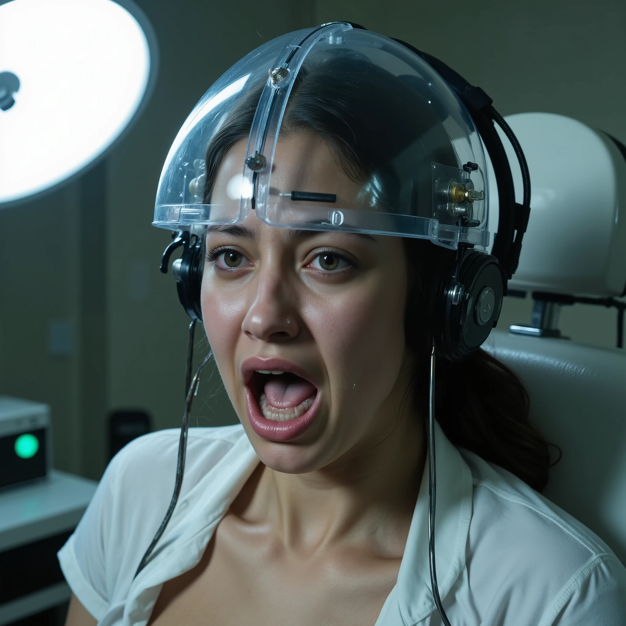 Masterpiece alien abduction and braincontrol photo, photorealistic close up portrait of a young (((fullbreasted))) extremely tortured peruvian girl (((((((maximum painful expression, mortal fear and panic, extremely horrified distorted face, open mouth, clenched jaw, painful distorted closed eyes, frown, tears running over face))))))), (((((far advanced technology clear transparent EEG-helmet and transparent plastic robotic electroshock headgear with integrated big metal electrodes, big plugs and thick electric cables in a brutal futuristic style))))), sitting in dentist's chair, ((((bright lighted by white spotlight from an surgical lamp)))), (((((enormous huge round breasts completely covered by tight tshirt))))), laboratory background, (((hyper detailed))), UHD, 32K