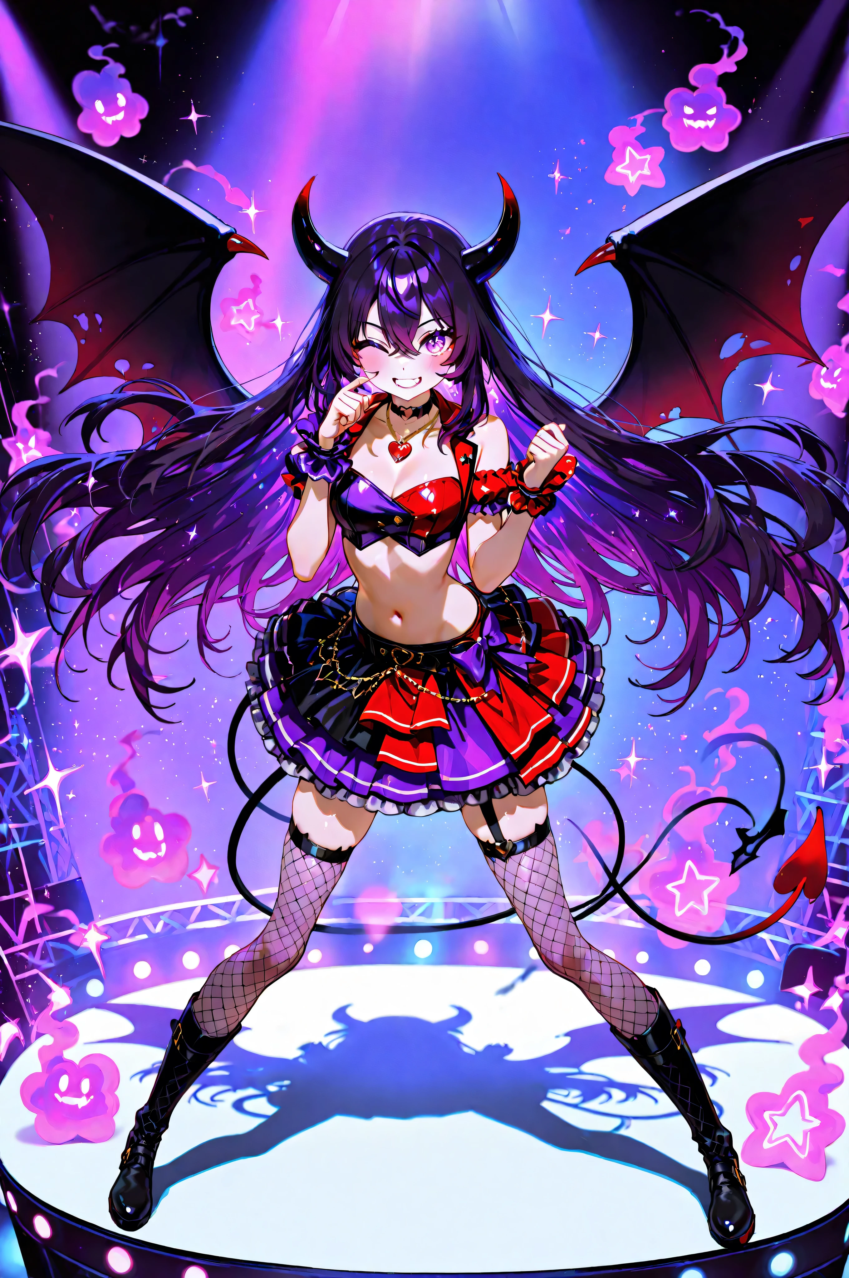 masterpiece:1.3, 8k:1.3, Highest Quality:1.3, detail:1.3, high resolution:1.3, Digital Painting, ultra detailed, upper body, 3/4 viewer, สBeautiful demon girl, small black horns, long dark purple hair, glowing purple eyes,eye_focus, red and purple idol outfit, multi-layered ruffled skirt, Large black wings, heart pendant choker necklace, fishnet stockings, black boots, Wink Pose, standing on a concert stage, purple spotlight, floating smoke, magic star sparkles all around.