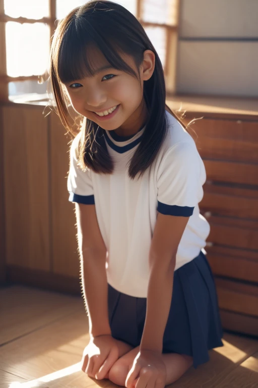 (8K),(masterpiece),(Japanese),(8-year-old girl),((Innocent look)),((Childish)),From the front and above,smile,cute,Innocent,Kind eyes,Plain T-shirt,Short sleeve,Blue checked short skirt,semi-long,Hair blowing in the wind,Black Hair,Somewhat strong wind,noon,bright,flat_body, low_teen, very_young, light smile, closed lips, beautiful detailed eyes, slender, small, junior_high_school_student, outdoor, sunlight, black hair, look ahead, full body, girl,shirtlift