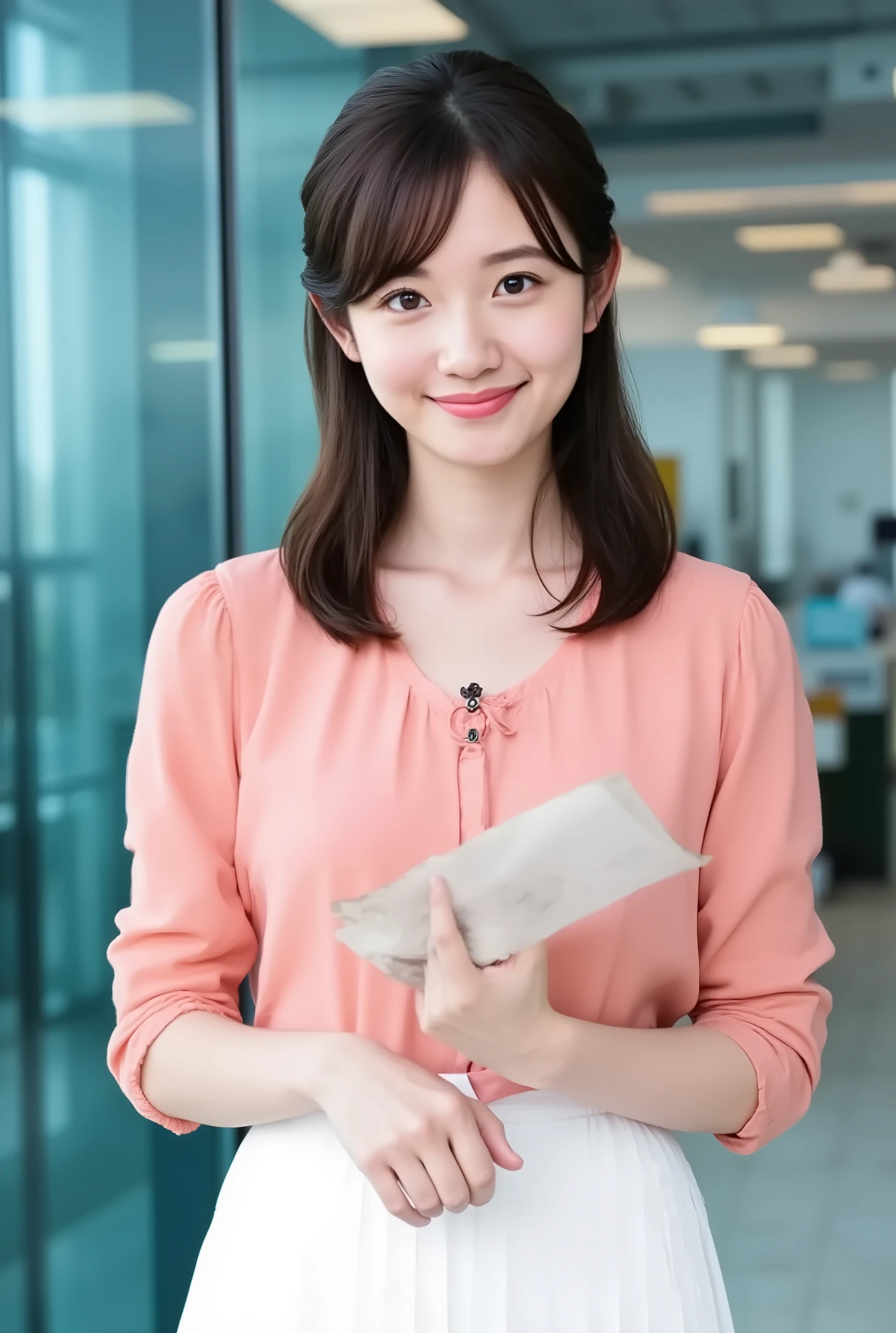 (((biologically accurate images)))、long black hair shaking their head and fluttering、wearing a salmon pink off-the-shoulder shirt、
white pleated skirt、wearing white high heels、in the broadcast studio's glass lobby、looks like she's reading seriously with a script in her hand、focus on the upper body、She has a cute smirking expression、