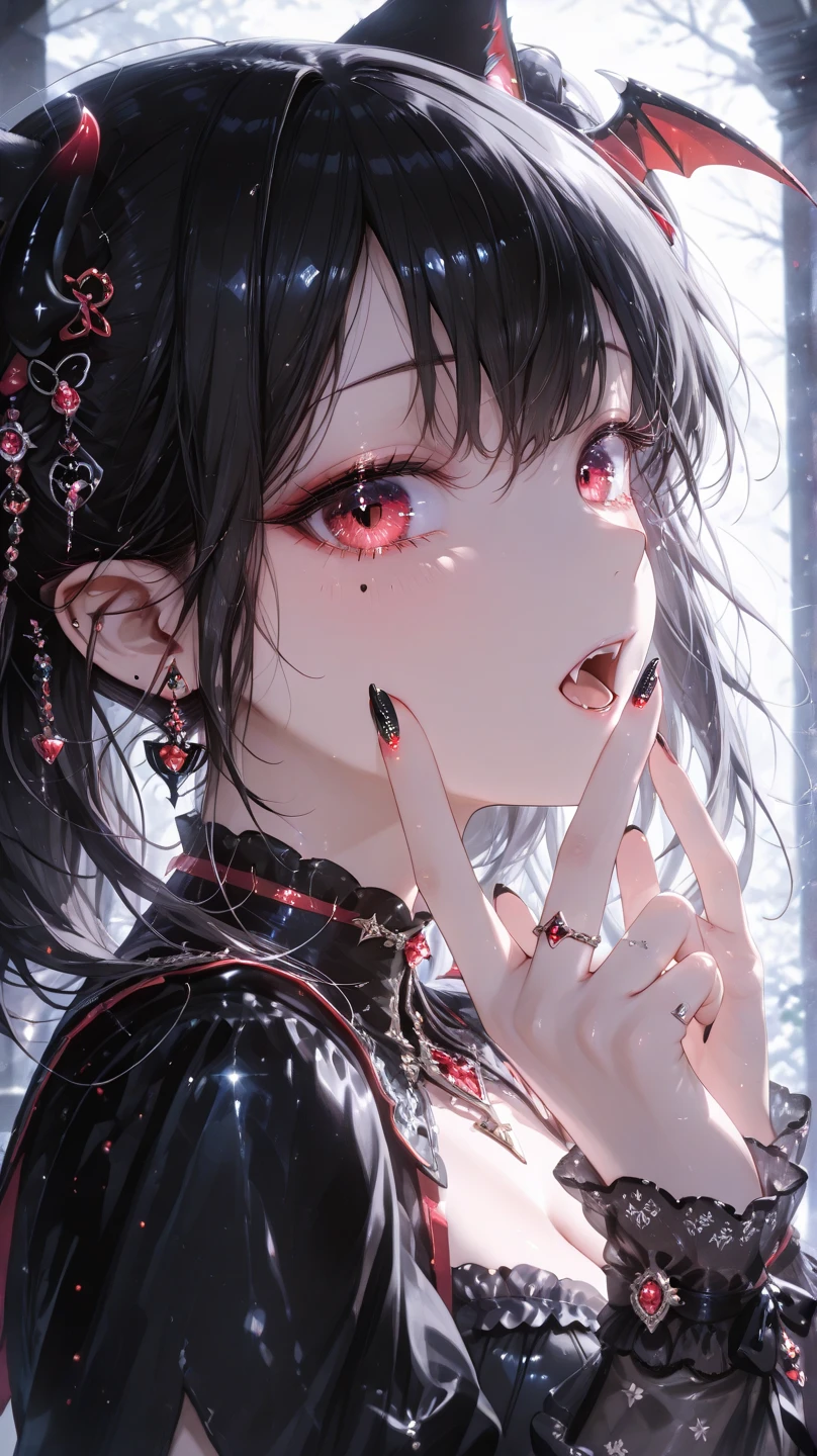 standing peacefully (profile) shift the black mask downward while grabbing it with your hands open mouth vampire fangs beautiful eyes close-up precise finger shape Beautiful black-based nail polish