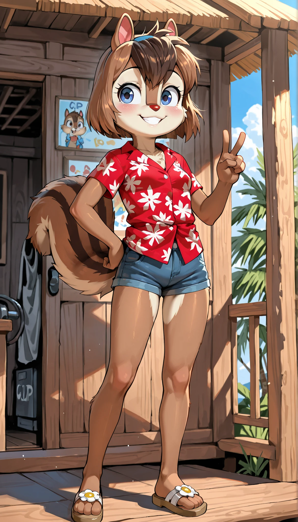 score_9, score_8_up, score_7_up, score_6_up,, hi_res, furry_source, absurdres, masterpiece, best quality, amazing quality, Chip'n Dale Rescue Rangers, 1girl, solo, alone, Femdale, furry, anthro, chipmunk girl, brown fur, blue eyes, looking at you, smile, chipmunk tail, chipmunk ears, red nose, brown hair, spiky pointed short bob cut hair, spiky pointed bangs, short body, short stature, ((red hawaiian shirt, denim shorts, sandals)), small breasts, looking at you, (very skinny:1.0), (Small, Short:1.1), (young cub:1.2), full body, feets with three toes, v, peace sign with one hand, paw feets, standing, tree cabin on background,