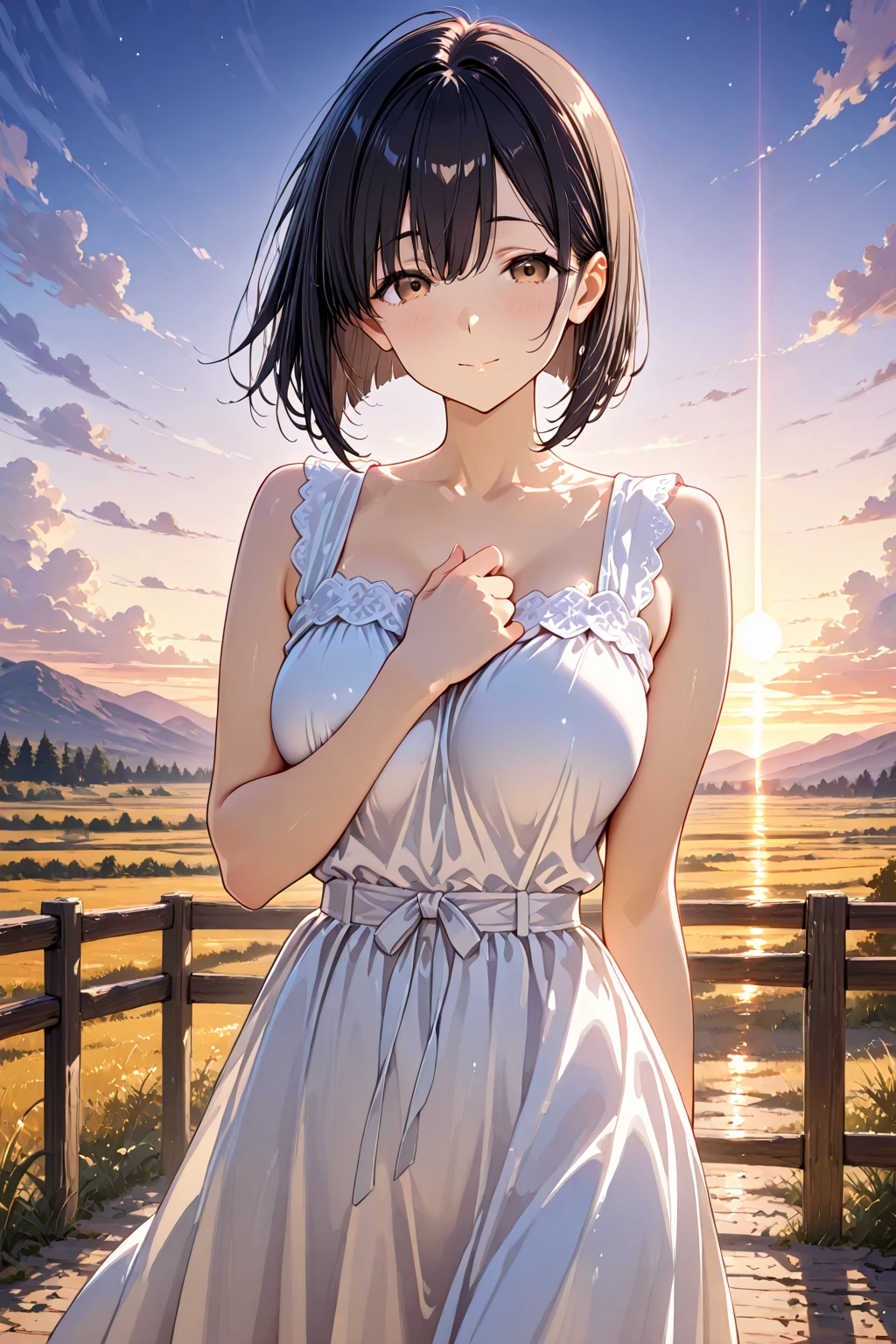 Beauty,  Body、cute look、anime style、night countryside background、Cute outfit、black hair、Midnight time、big 、short hair、4K、high resolution