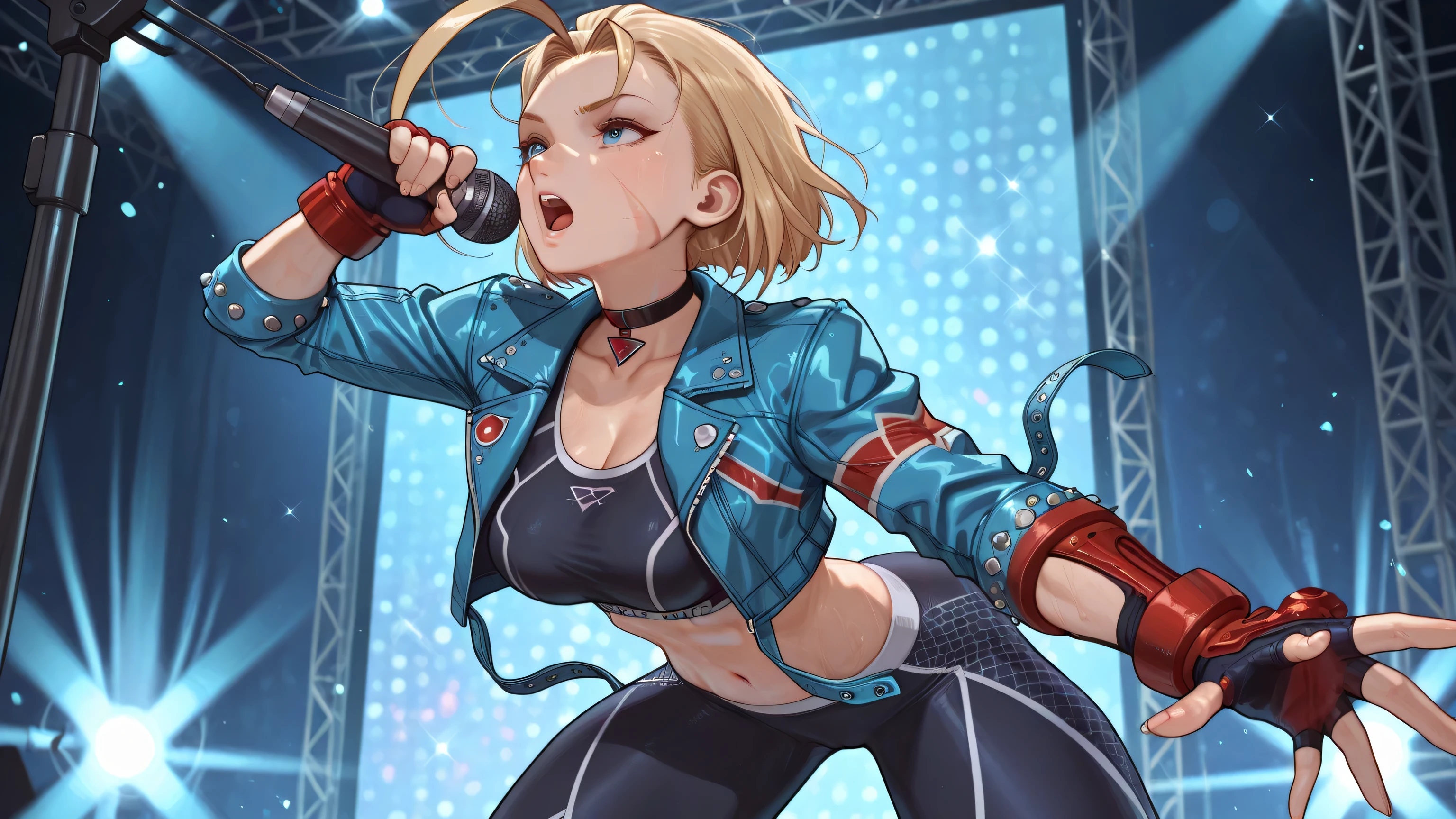 A woman singing into a microphone.Cammy White, blue eyes, facial scar, Blonde, short hair, giant ahoge, choker, black sports bra, black leggings, Red gloves, Fingerless Gloves, cropped jacket, roll up your sleeves, open jacket, blue jacket, multicolor jacket,
