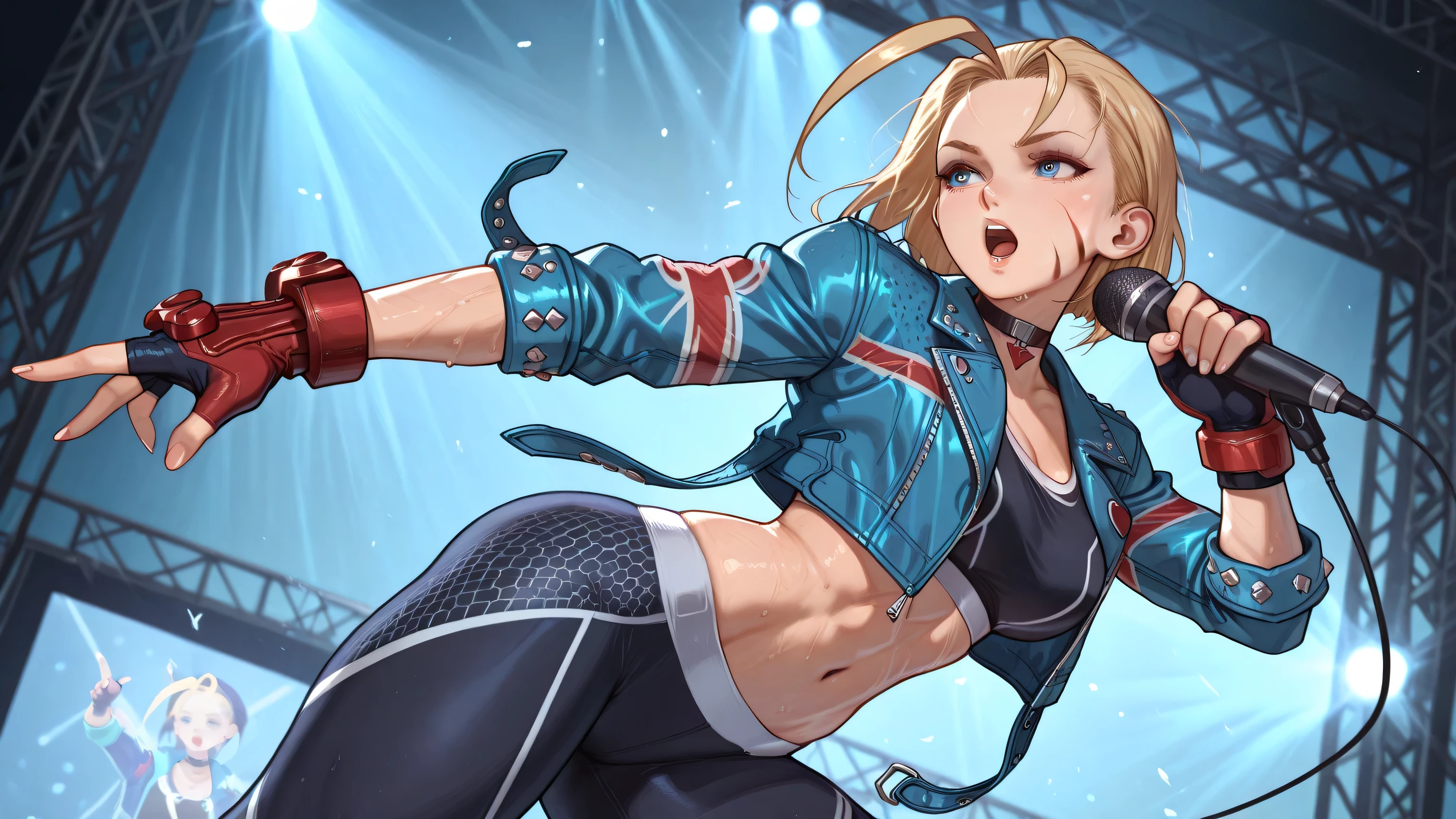 A woman singing into a microphone.Cammy White, blue eyes, facial scar, Blonde, short hair, giant ahoge, choker, black sports bra, black leggings, Red gloves, Fingerless Gloves, cropped jacket, roll up your sleeves, open jacket, blue jacket, multicolor jacket,