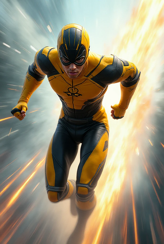 "Imagine an agile and fearless hero, wearing a vibrant yellow and black costume, highlighting his presence. With intense lenses that reflect his determination, a flowing cape that announces his arrival. His gloves allow for dexterity and precision, exposing his fingers to showcase his unparalleled skill. In the mask, her hair flows freely, while her lips curve into a confident, ready smile.