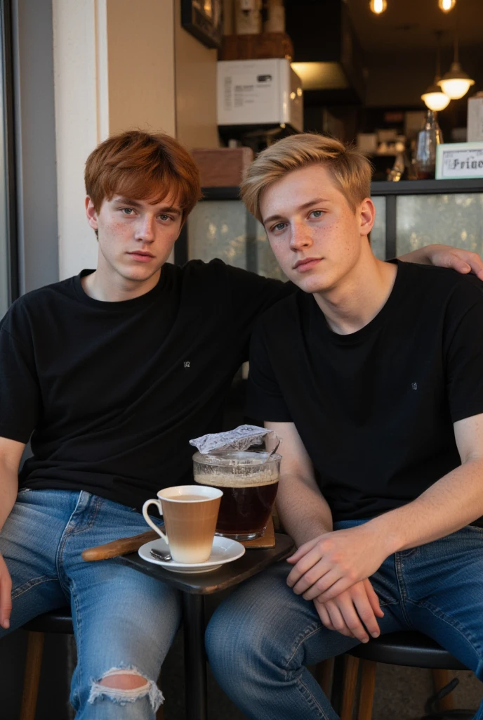 Two men, photo realistic.  A 16-year-old, handsome, lean man with short-cut, blond hair and blue eyes, wearing a brown sweatshirt, and khaki pants, sitting in the lap of a 17-year-old, handsome, athletic, Caucasian man with short, shaved brown hair, and blue eyes, wearing a blue and yellow jersey, and jeans, kissing,  each other, laying on a grassy field, by a pond in a large city park, at night.  Masculine, , , romantic, love, huge bulge.