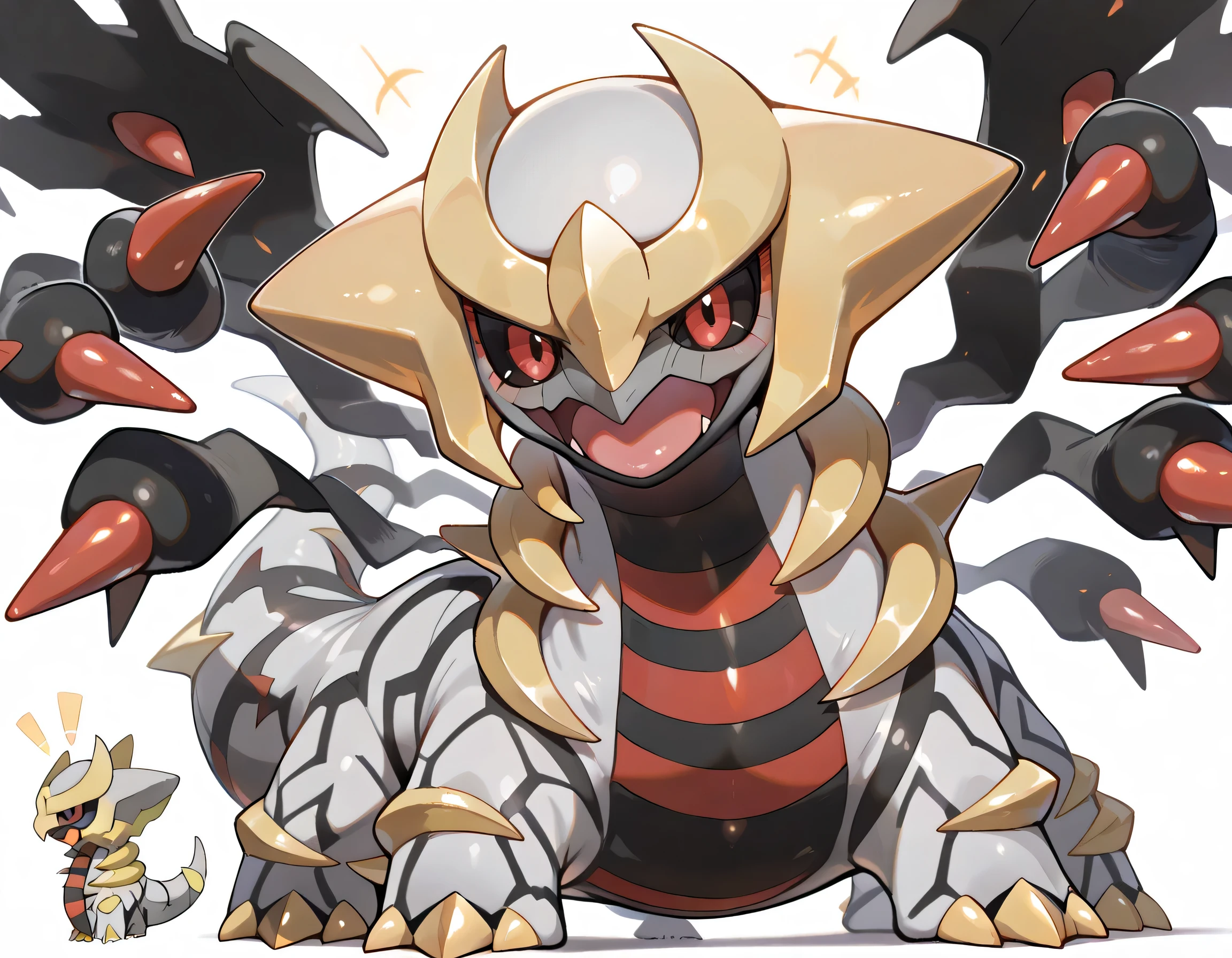 ((masterpiece,best quality)), absurdres, <lora:Giratina:0.8>,((chibi)),sideview,profile,(looking ai viewer),close up face, Giratina, no humans, solo, animal focus, black sclera, black wings, claws, colored sclera, colored skin, creatures (company), game freak, gen 4 pokemon, giratina, giratina (altered), grey skin, legendary pokemon, nintendo, no humans, open mouth, pokemon, pokemon (creature), rearing, red eyes, spikes, tail, vergolophus, wings,white background,