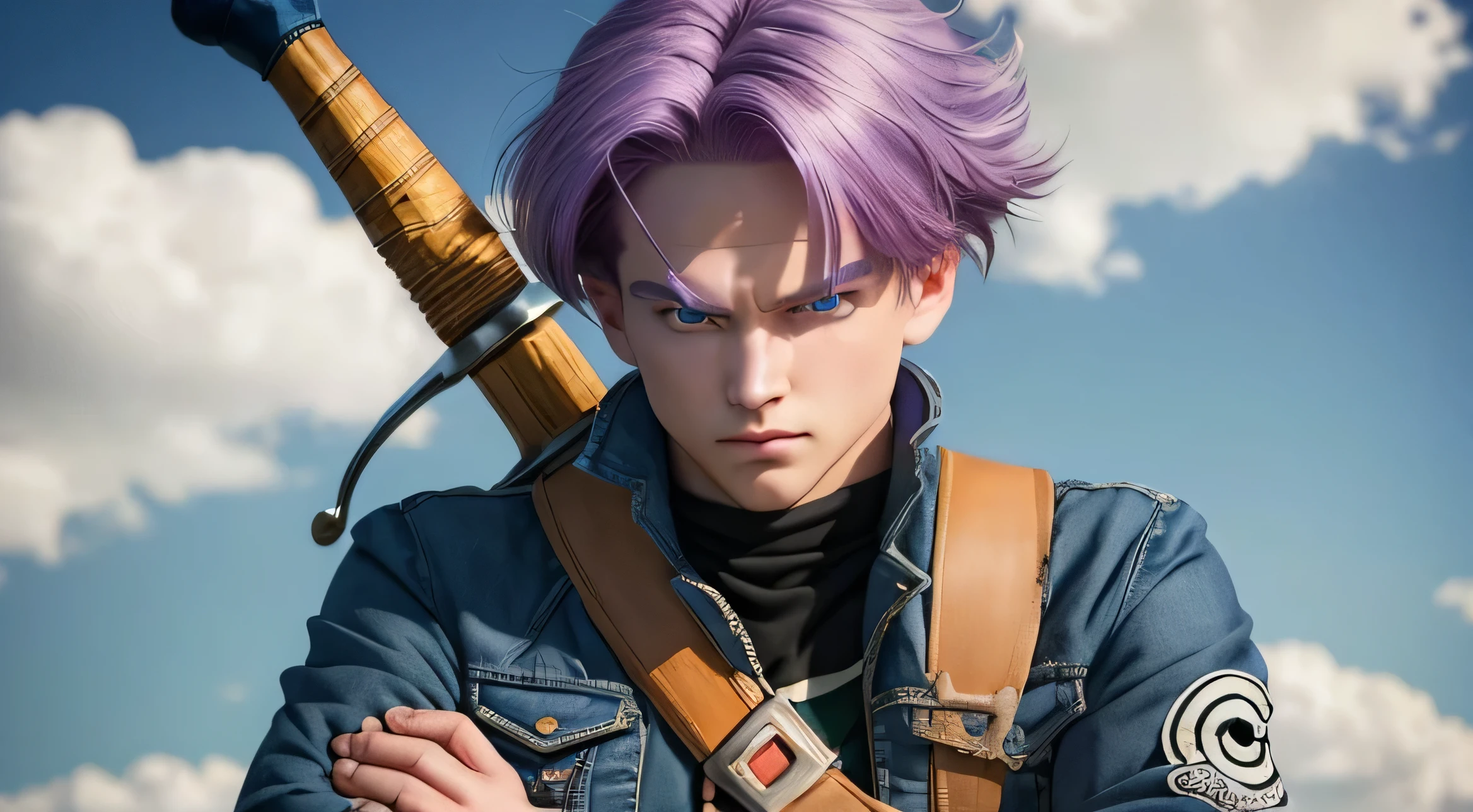 (masterpiece, best quality:1.2), cowboy shot, solo, male focus, 1boy, trunks \(dragon ball\), expressionless, closed mouth, looking at viewer, crossed arms, purple hair, blue eyes, jacket, shirt, pants, sword ultra face details,