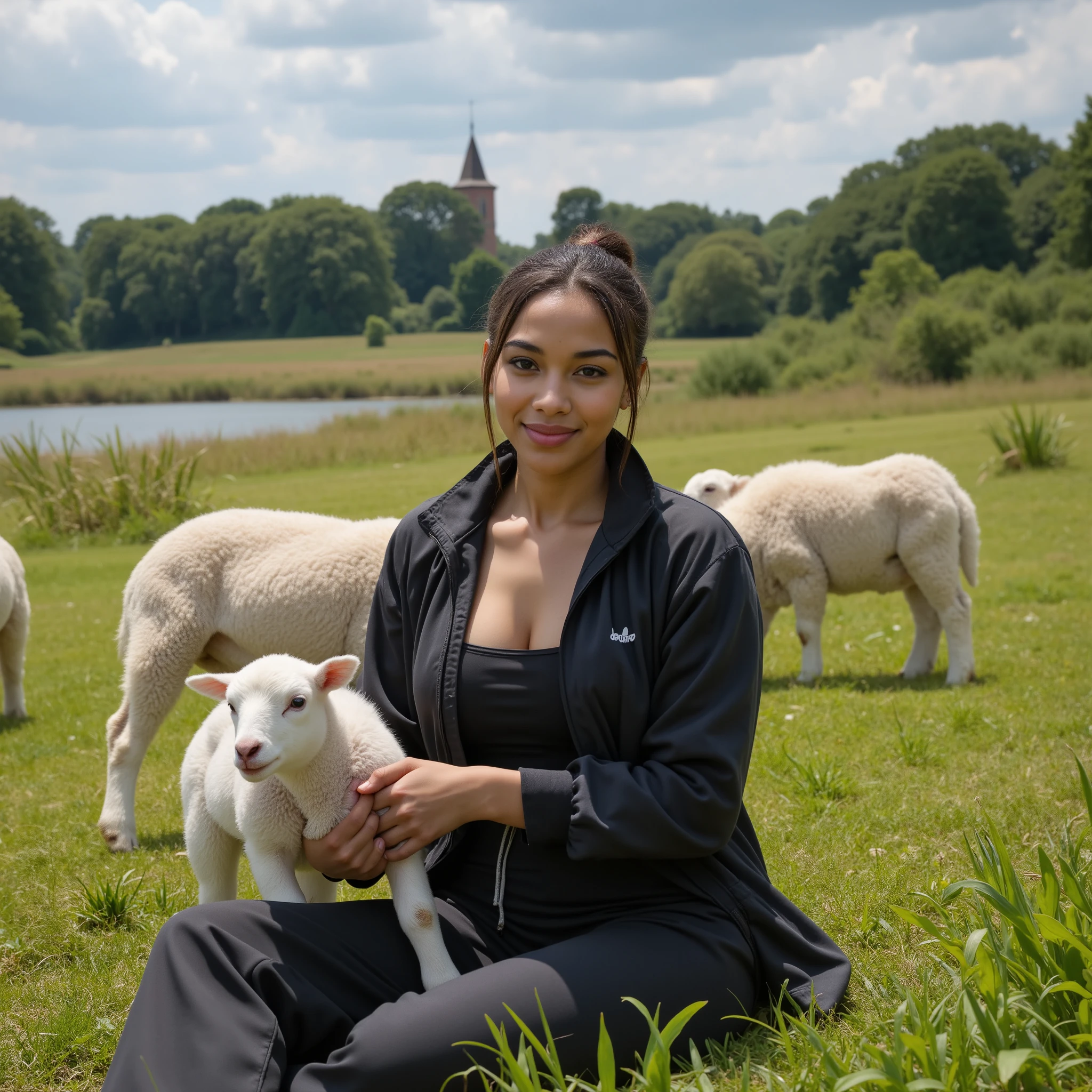 Masterpiece photo, photorealistic view of slim young beautiful ((((fullbreasted)))) blackskinned ((Alexandra Shipp)), sitting on a green pasture sourrounded by lambs who try to lick her everywhere on a sunny and windy day, (((looking into camera))), looking fond loving into camera, pleasureful smiling into camera. She ist wearing a black windbreaker and long black trowsers. In background there is a dense little forest on one side, a small lake with much brown reeds on the other in the flat marshland of northern Frisia, under a blueish cloudy sky. Sun shining from side, casting sharp shadows. Blurred and far away in the background there is a old red brick church tower between bushes and trees. Hyper detailed, UHD, 32K