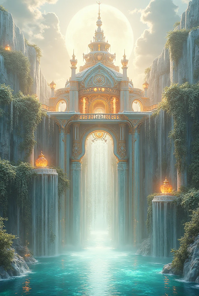 Photorealistic ultra-wide shot of a majestic, celestial palace floating ...