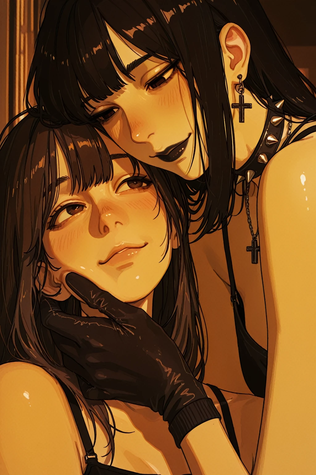 rating_, beautyful woman, gothic, mature woman, tattoos in whole body, slim body, slender body, long sidecut hair, lilac hair, long hair, black lipstick, lesbian , 2 woman, japanese woman, long black hair, slap, motel room, night, , huging, looking one each other