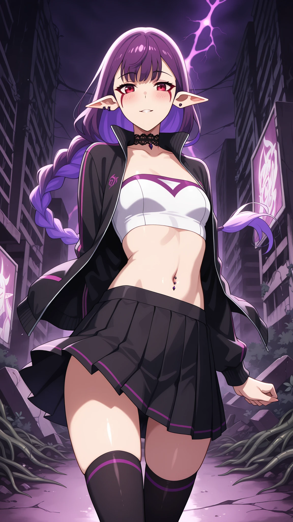 BREAK (masterpiece:1.2), best quality, high resolution, unity 8k wallpaper, (illustration:0.8), (beautiful detailed eyes:1.6),Abandoned highway swallowed by giant flowers,
plants glowing in ultraviolet tones,
billboards covered in vines but still pulsing faintly,
concrete cracked open by roots with neon veins,
a blend of nature and neon decay, no people,blush, seductive expression,single braid, long hair, purple hair, red eyes, facial mark, pointy ears,jewelry,earrings,lace choker,black choker,short top,navel,navel piercing,white top,strapless top,sport team jacket,open jacket,black jacket,pleated skirt,black skirt,black thighhighs socks,сowboy shot,looking at viewer,floaiting skirt,floating hair,