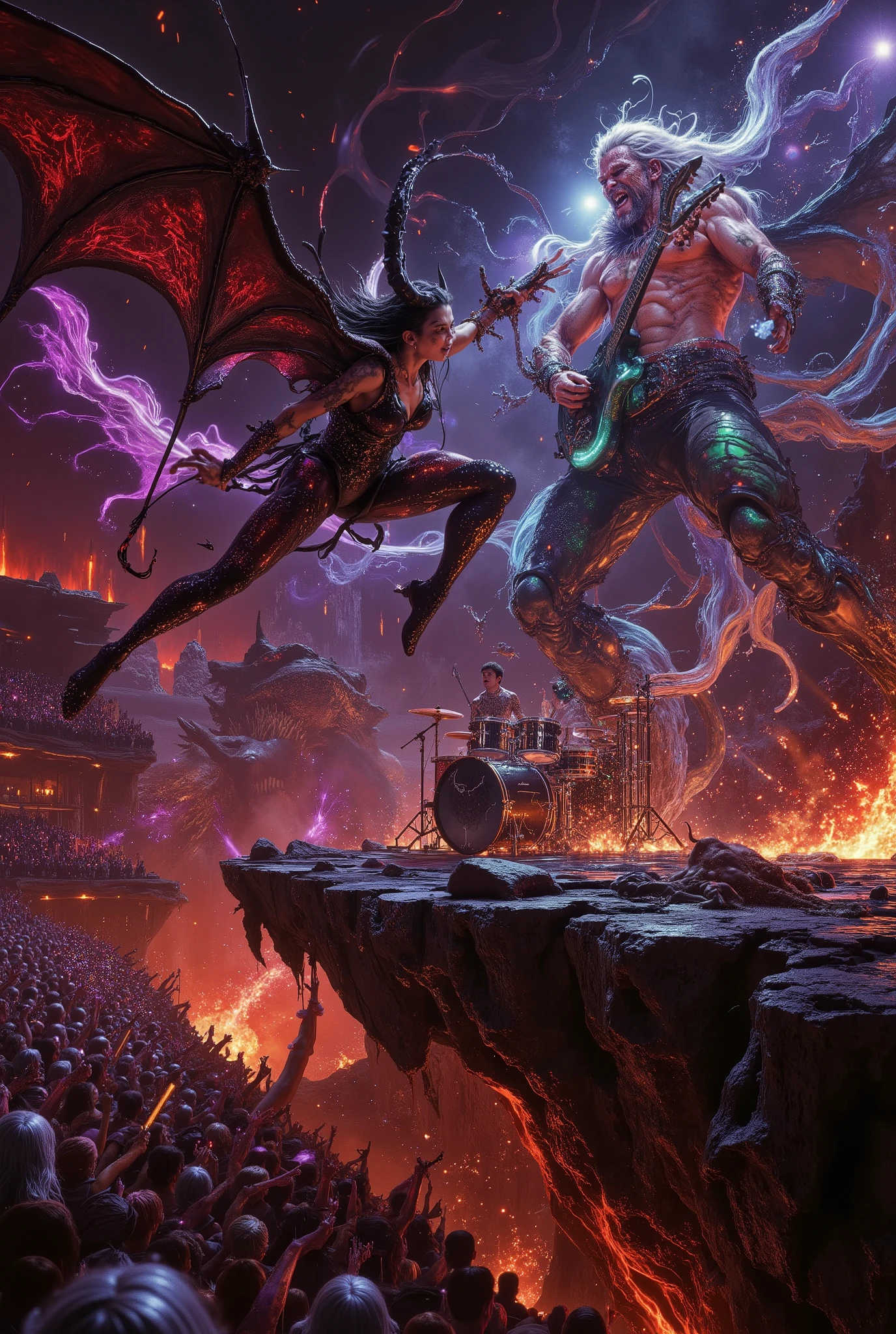 cinematic dynamic action shot, "Hell Idol Agency" live concert finale, on a jagged stage floating over a lake of lava. The lead singer, a powerful succubus idol with obsidian horns and iridescent bat-like wings, is captured mid-air, belting a high note. Her voice is a visible, concussive wave of crimson and black demonic script. Below her, the incubus guitarist, shirtless with glowing infernal sigrals on his skin, slides on his knees across the stage, sparks flying from his spine-guitar as he unleashes a face-melting solo of neon green hellfire. The oni drummer is a blur of motion, four arms beating a complex rhythm on a drumkit made of skulls and molten bronze, creating shockwaves with every hit. Banshee backup singers float, heads thrown back, emitting ethereal, harmonic waves that solidify into shimmering violet crystals in the air. The audience of thousands of demons is a seething, roaring mass, a sea of pulsating bioluminescent lightsticks. Volcanic pyrotechnics explode, freezing in mid-eruption. Lava geysers erupt. The scene is a chaotic, beautiful symphony of power, music, and raw energy. hyper-detailed, photorealistic, 8k, motion blur on the audience, sharp focus on the idols, frozen action, insane details, volumetric lighting, dramatic lighting from below, depth of field, by Greg Rutkowski and Akihiko Yoshida.