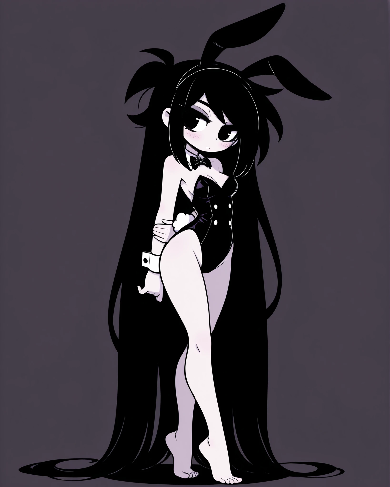 CartoonyIllustrious,stylized sensual girl, long flowing black hair, sultry look, barefoot standing on tiptoes, focus on elegant feet and legs, shojo playboy cover vibe, solid muted pastel background, high quality