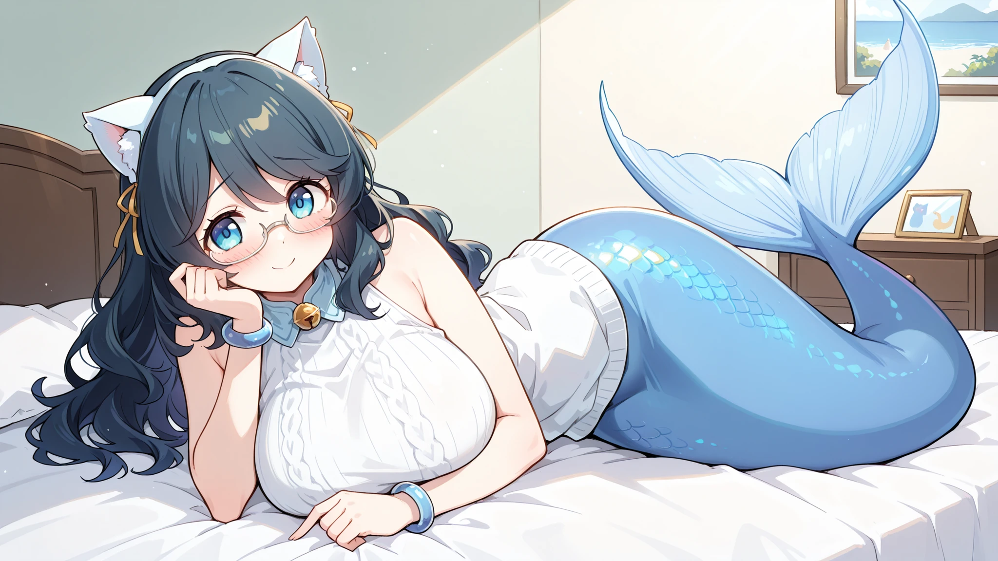 1 female,big boobs, Mysore Fakod Elitea, White glasses,sleeveless white sweater,cat ear headdress ,A blue collar hangs around the neck,BLUE BRACELET ,long hair, full body picture,best quality,is very beautiful,Ridiculous,masterpiece,( full five fingers ),Mermaid,The lower half of the body is a light blue fishtail,shy,Blush,Smile,Indoor,bedroom,Lying position,lying on the bed
