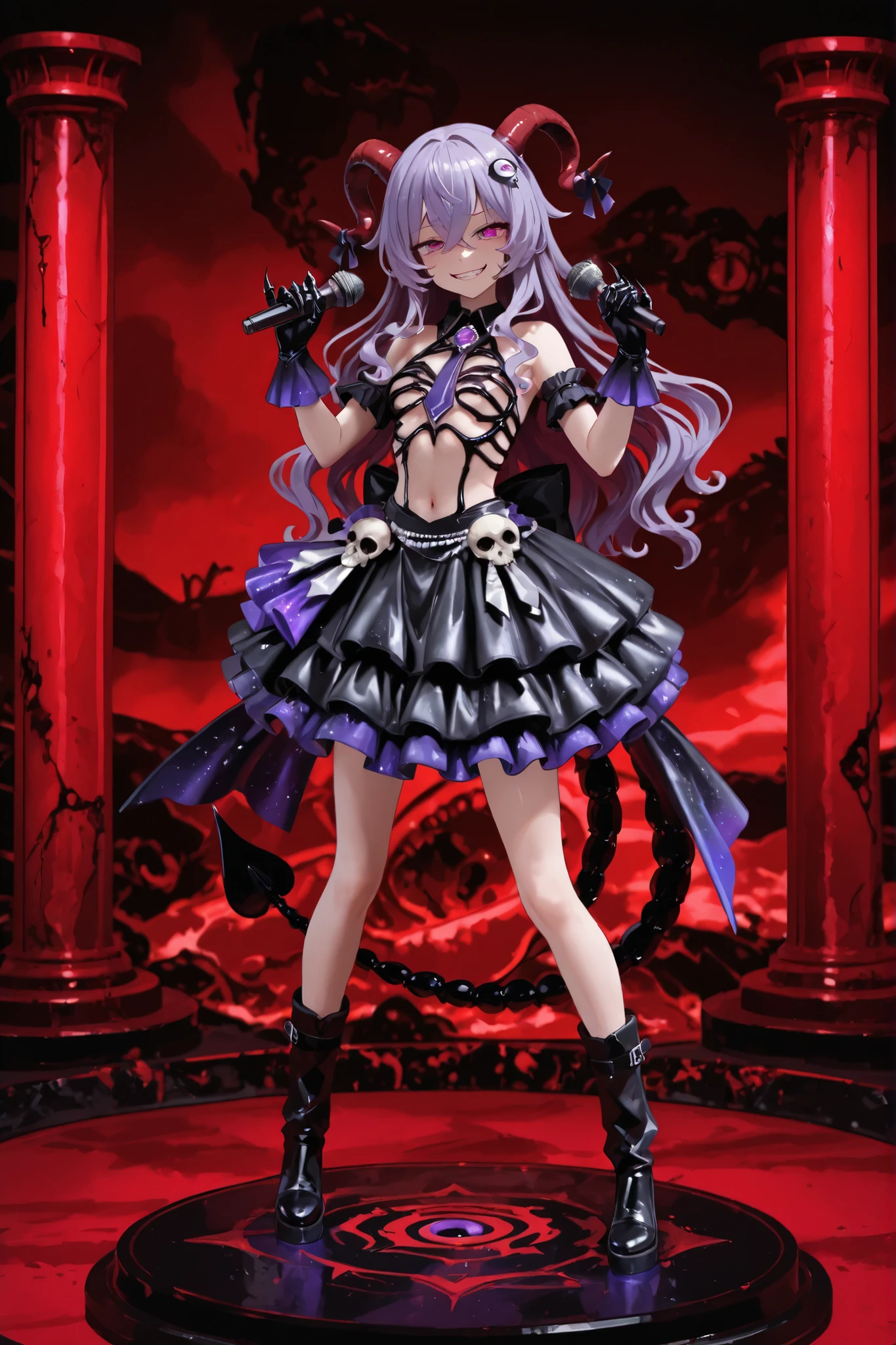 Devil girl. Lavender hair. Long hair. Wavy hair. Hair accessory. Goat horns. Purple color-shifting eye. Third eye. Large eye. Grinning face. Black costume. Idol dress. Spiky decoration. Black gloves. Clawed gloves. Black metallic ribs. Skull accessory. Scorpion tail. Holding a microphone. Hell background. Giant eyeball background. Biological pillar. Red background. Idol stage monitor.