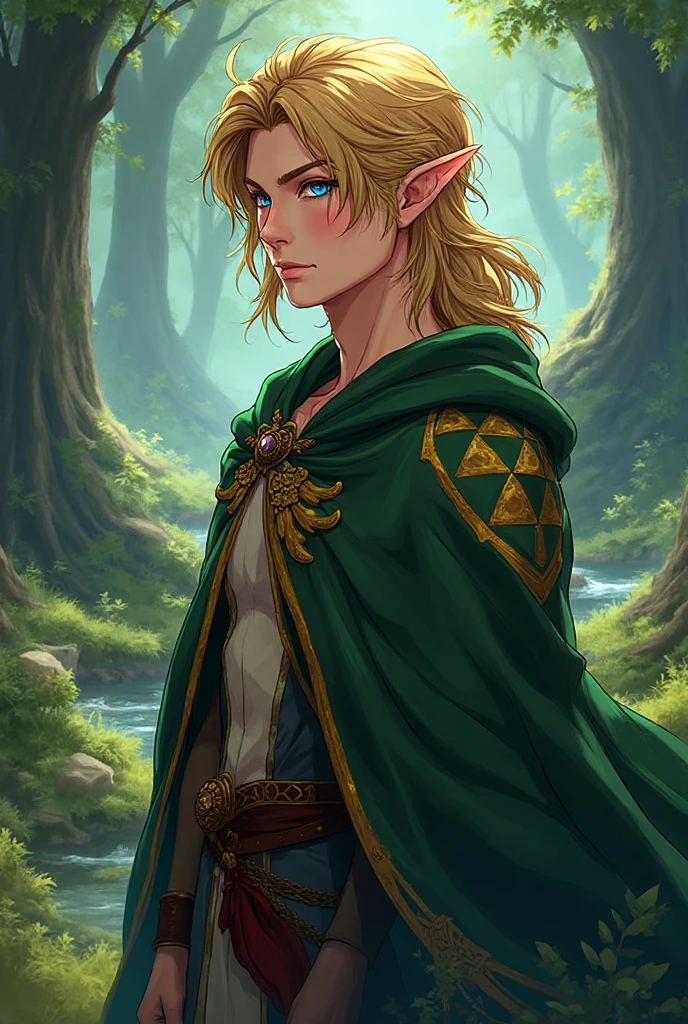 Make a slightly masculine male elf with blue eyes and blond hair with a ...