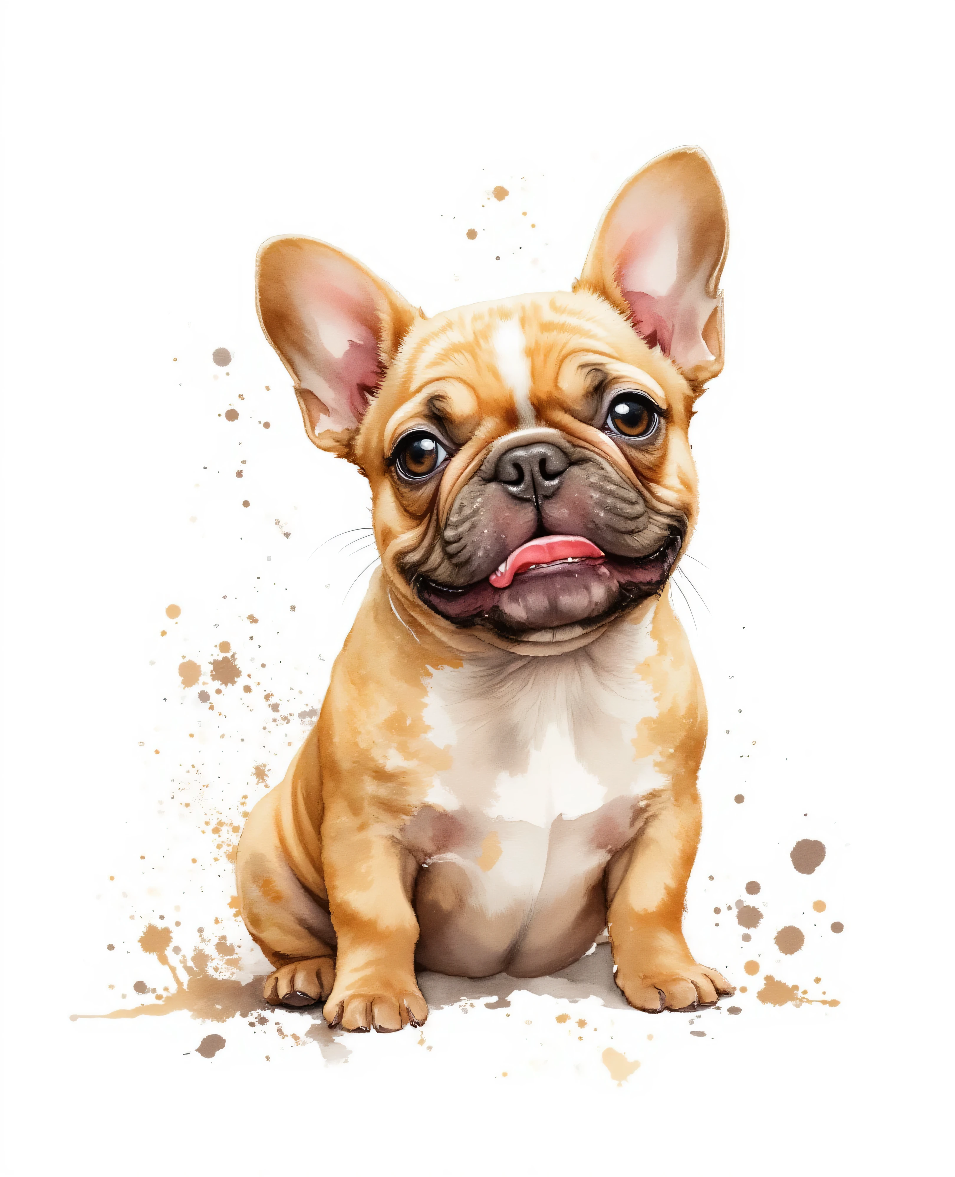 a stylized kk_wcolor watercolor painting - gold, white and silver of a silly french bulldog with his tongue out of his mouth. On a white background with splotches,slpatters and drips of paint