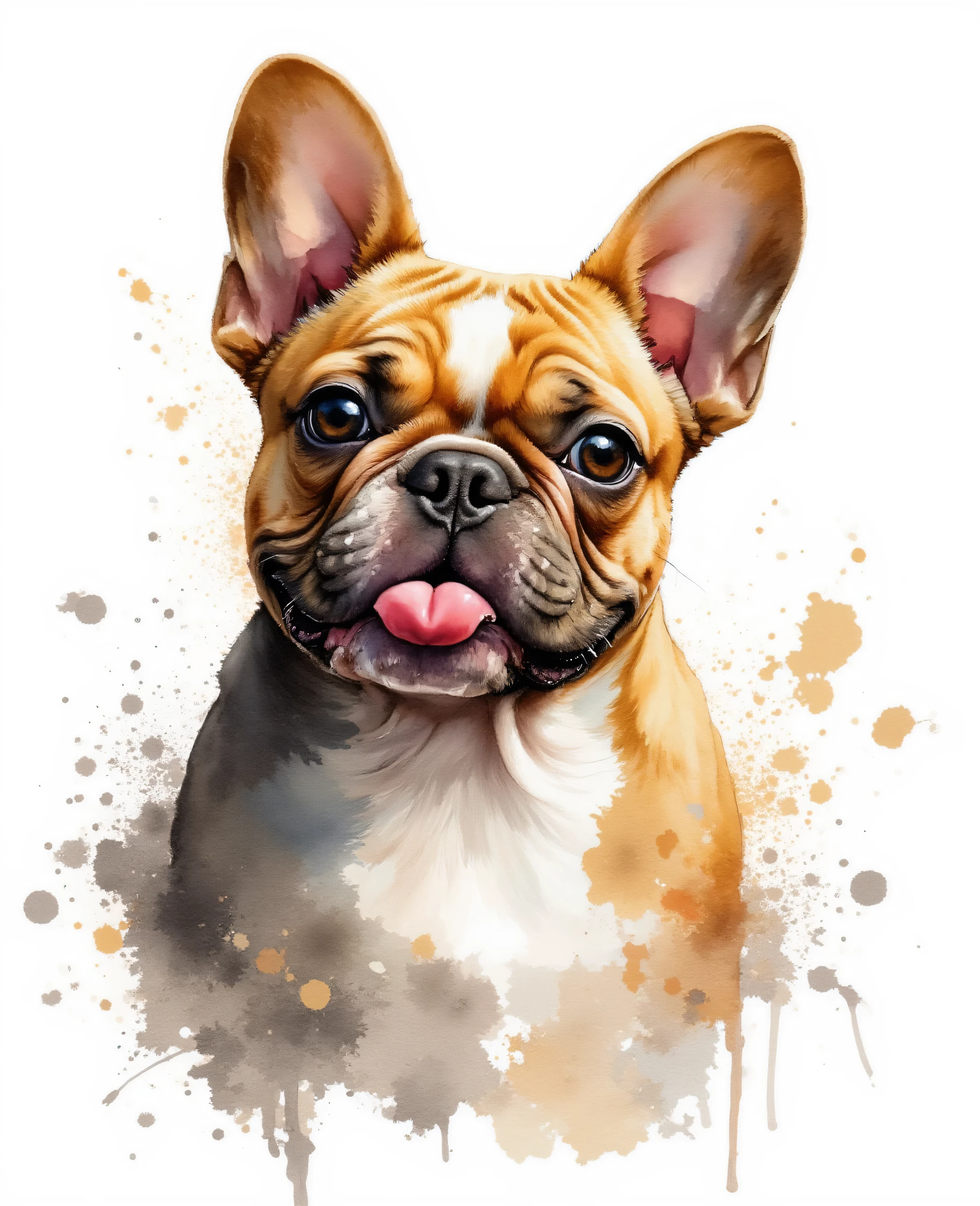 a stylized kk_wcolor watercolor painting - gold, white and black colors, of a silly french bulldog with his tongue out of his mouth. On a splash colors background with splotches,slpatters and drips of paint
