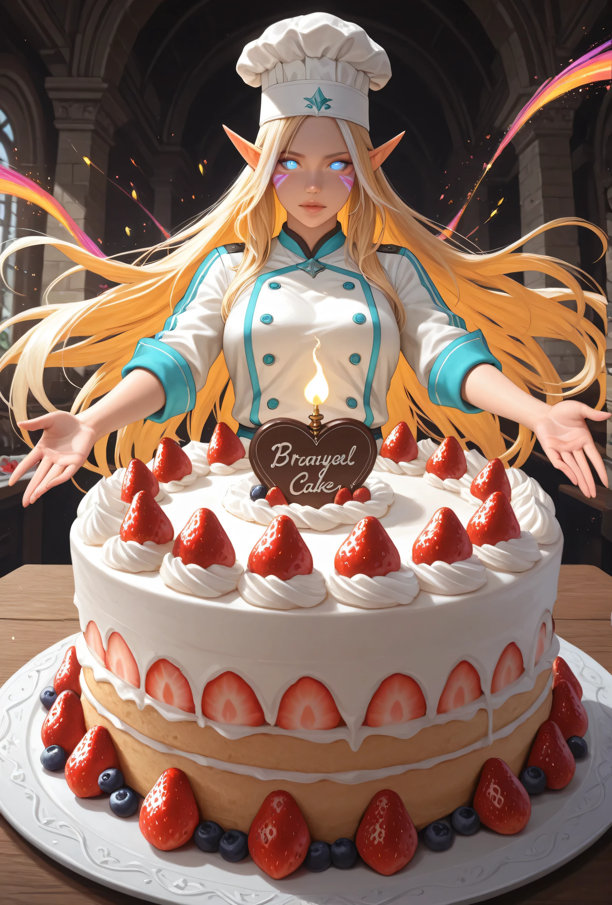 Aesthetic_PDXL,a portrait of a female elf (intense details, Masterpiece, best quality) fantasy chef, fantasy celestial baker, making magical cake, an ultra wide shot, epic beautiful female elf, blond hair with chunky red streaks highlights , rich hair, glowing eyes, action shot, colorful magical sigils in the air, colorful divine markings floating, making a fantasy cake, multi layered cake, with chocolate, whipped cream, berries, strawberries, in a fantasy magical kitchen (intense details, Masterpiece, best quality), multi colored chef uniform, high details, best quality, 16k, [ultra detailed], masterpiece, best quality, (extremely detailed), dynamic angle, ultra wide shot, photorealistic, RAW, fantasy art, dnd art,fantasy art, realistic art