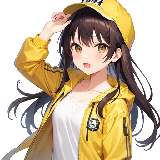 Thick Coating, young, かわいいgirl, Brown Hair, short hair,Pikachu's ears, Yellow clothes, poncho,  Black skirt underneath, blue eyes,Look forward,virtual,girl,whole body,upright,Place your arms at your sides,Viewed from the front,Simple Background,1 girl,Open your mouth,blue eyes,smile,virtualユーチューバー,Standing,upright,Put your hands down