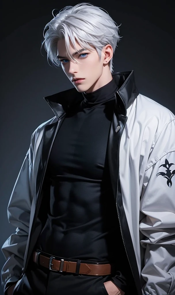Final fantasy taste and reality graphics, Japanese young cute and cool ikemen boy and cute girl, both ages is early 20s,both thin eyebrows and beady eyes, both wearing off white color leather thick singlebrest biker jacket, with epaulet, jacket front is zipped up, jacket is biker style, , jacket collar is high length stand-up collar with belts, jacket is a little black line pattern,close the front of the jacket,both also wearing black thick turtleneck lackluster shirts, tight black leather pants, shiny black leather tight and thin glove, black leather knee-high raceup boots,must views head-to-toe,must views whole body, boy looks like fashion model,Do not show skin from the neck down,leather jacket leather glove and leather pants have few wrinkles,both in the room,