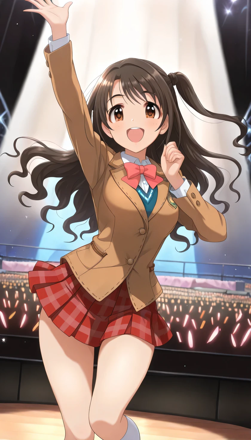 {{{masterpiece}}}, (best quality:1.5), (ultra-detailed:1.5), {illustration}, {{an extremely delicate and beautiful}}, (beautiful detailed eyes:1.6), absurdres, highres, extremely detailed face, 16k, hd, visual anime de uma jovem mulher, extremamente bonito rosto de anime, anime melhor garota, (perfect hands, perfect anatomy), (five fingers:1.1), anime face, uzuki shimamura(iDOLM@STER Cinderella Girls), Shimamura Uzuki, 1girl, solo, cute face, long hair, brown hair, braid, (one side up:1.8), wavy hair, bangs, swept bangs, sidelocks, flushed cheeks, brown eyes, (High resolution eyes, Beautiful eyes, Light in the eyes), medium breasts, big hips, curvaceous, BREAK, {school uniform}, brown blazer, long sleeve, white shirt, collared shirt, pink bowtie, red skirt, mini skirt, pleated skirt, plaid skirt, (white kneehighs:1.2), BREAK, 1girl, solo, smile, open mouth, dancing, jumping, sing , singing, joyful, cute pose, dynamic pose, dynamic angle, indoor, stage, on stage, audience