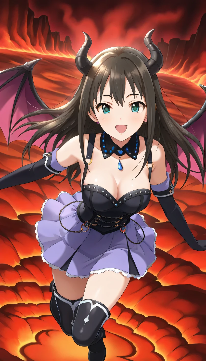 {{{masterpiece}}}, (best quality:1.5), (ultra-detailed:1.5), {illustration}, {{an extremely delicate and beautiful}}, (beautiful detailed eyes:1.6), absurdres, highres, extremely detailed face, 16k, hd, visual anime de uma jovem mulher, extremamente bonito rosto de anime, anime melhor garota, (perfect hands, perfect anatomy), (five fingers:1.1), anime face, rin shibuya(iDOLM@STER Cinderella Girls), 1girl, solo, cute face, beautiful face, black hair, long hair, straight hair, bangs, sidelocks, flushed cheeks, green eyes, slanted eyes, medium breasts, big hips, curvaceous, BREAK, ruanyi0329,demon horns,demon wings,purple skirt,detached collar,elbow gloves,thigh boots,suspender skirt,o-ring, BREAK, 1girl, solo, smile, open mouth, dancing, jumping, sing, singing, joyful, cute pose, dynamic pose, dynamic angle, indoor, hell, (hell background:1.5), stage, on stage, audience