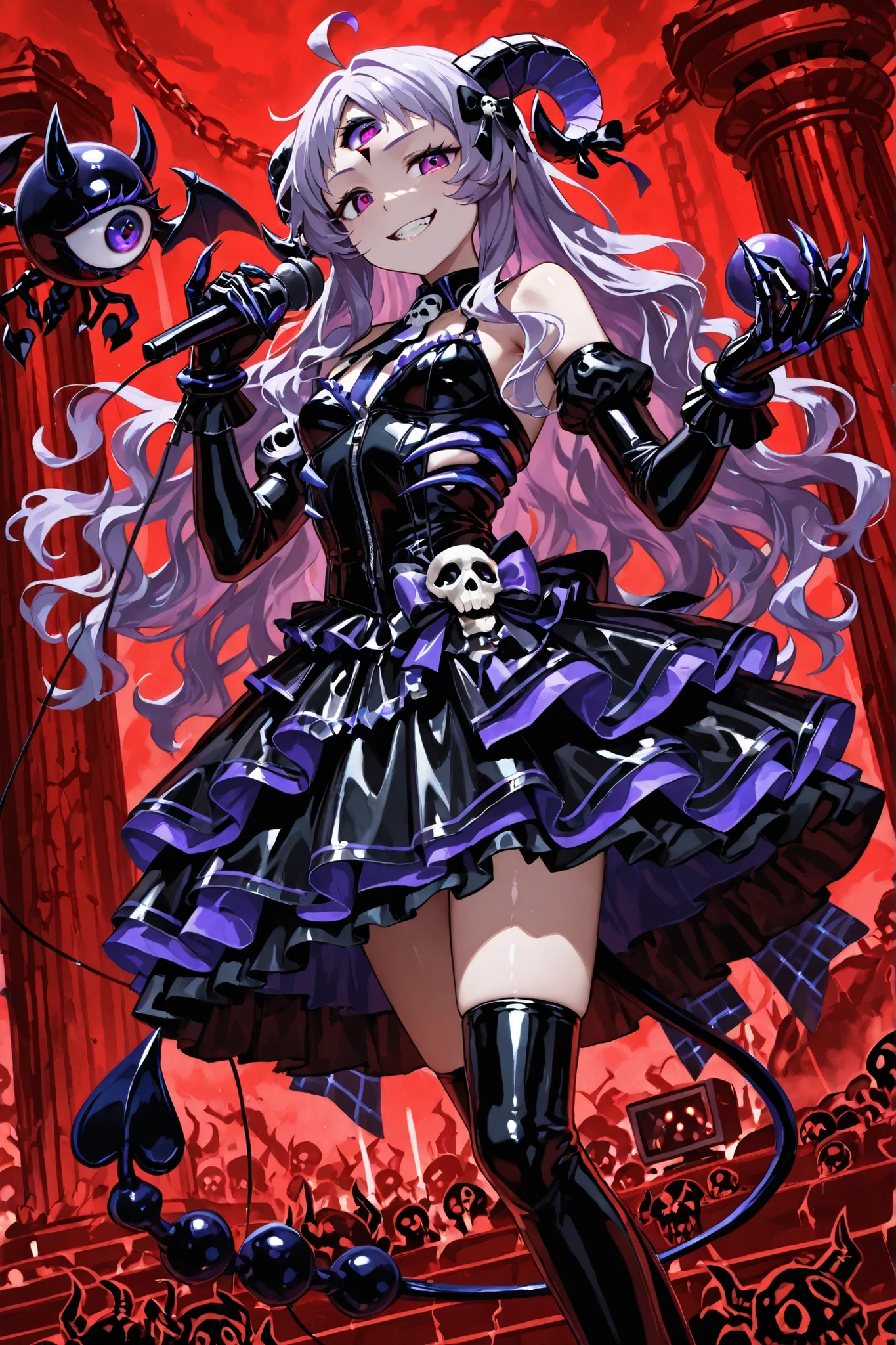 Devil girl. Lavender hair. Long hair. Wavy hair. Hair accessory. Goat horns. Purple color-shifting eye. Third eye. Large eye. Grinning face. Black costume. Idol dress. Spiky decoration. Black gloves. Clawed gloves. Black metallic ribs. Skull accessory. Scorpion tail. Holding a microphone. Hell background. Giant eyeball background. Biological pillar. Red background. Idol stage monitor.