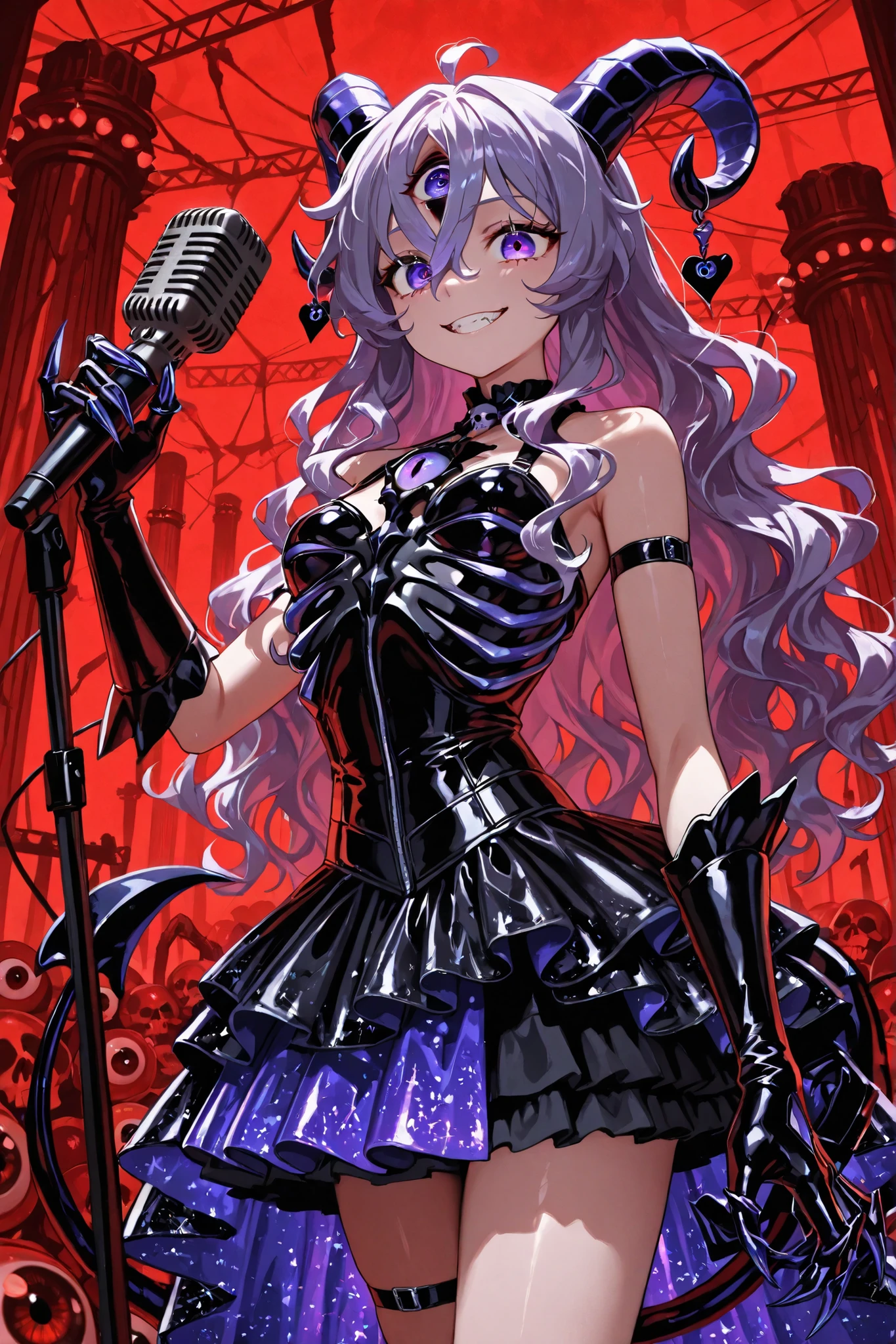 Devil girl. Lavender hair. Long hair. Wavy hair. Hair accessory. Goat horns. Purple color-shifting eye. Third eye. Large eye. Grinning face. Black costume. Idol dress. Spiky decoration. Black gloves. Clawed gloves. Black metallic ribs. Skull accessory. Scorpion tail. Holding a microphone. Hell background. Giant eyeball background. Biological pillar. Red background. Idol stage monitor.