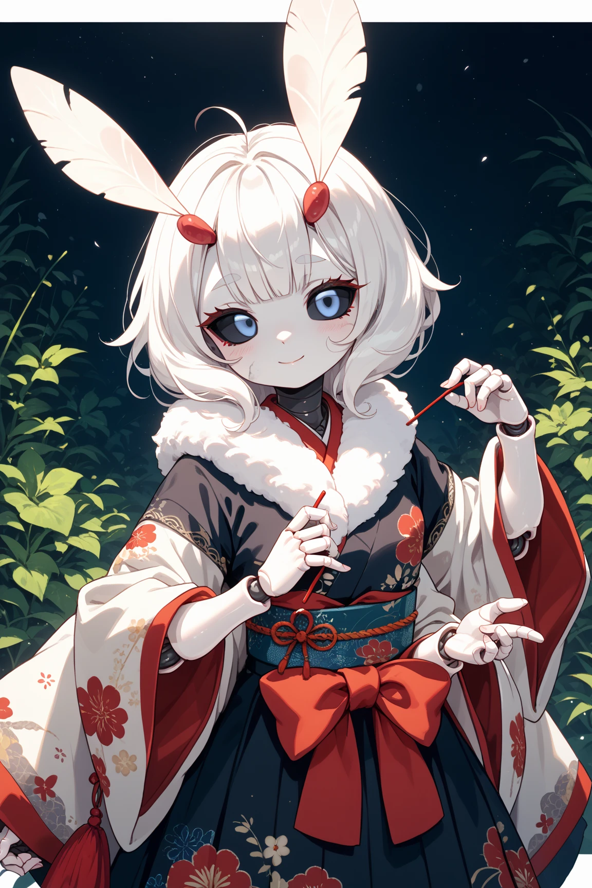 absurdres, uhd, ((masterpiece)), (((HDR))), ((best quality)), (ultra high quality), (hi-res), ((solo)), ((alone)), looking at viewer, closed mouth, collarbone, sitting, posing, full body, , flat chest, fluff, fluffy, nanachi \(made in abyss\), nanachihat, nanachipants, grassy field, poppies, poppy in hair,  arms, ((()))