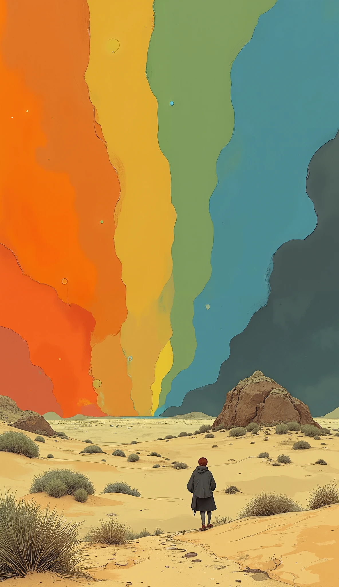 surreal scenery、Crossing It features a vast desert with unique vibrant colors. Orange mixed with warm tones of beige and brown, red, Yellow, green, and a blue cascade from the upper right corner Stylish individuals with, Similar to、dreamy abstraction. each color band flows down, In the atmosphere of、flowing through the sandy ground contrasts with the bright colors above. The desert itself is sparsely dotted with light-colored rocks and shrubbery, Concentric circles of shades. landscape, dark silhouettes、, Add depth . That name "Concentric circles with shades of Machuca" impressive. The colorful river, shapes of graceful fountains and vibrant clouds、 the artist's . has an overall vibe、are casually engraved in the lower right corner, the desolate desert、transforms into a canvas of vivid imagination and surreal beauty.