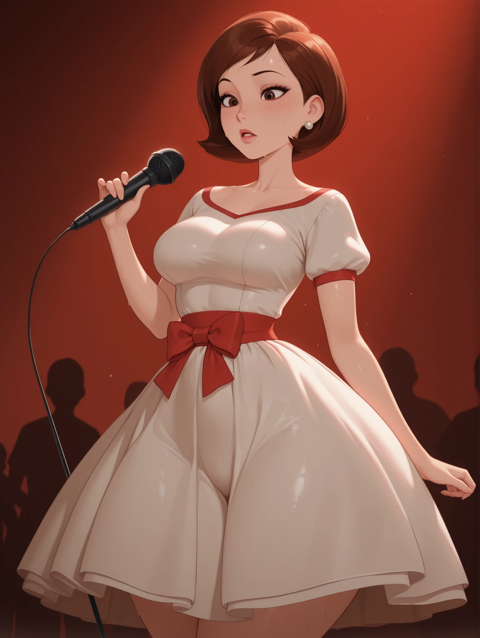 Helen Parr , mature female, hair, Bob_cut, brown hair, brown eyes, big eyes, long eyelashes, medium breasts, narrow waist, thick thighs, huge hips, fair skin, thin hands, earrings, makeup, pink lips, lipstick.| masterpiece, very aesthetic, absurdres, sinfully stylish, dramatic lighting, soft light, long shadows, detailed, ultra-detailed, masterpiece, very aesthetic, absurdres, perfect quality, absolutely eye-catching, best quality, intricate details, high-res,anime, anime, 1girl, bow, idol dress, japanese dress, long skirt, japanese-idol-outfit, idol stage,microphone , open eyes , sweat, hell dress, hell background