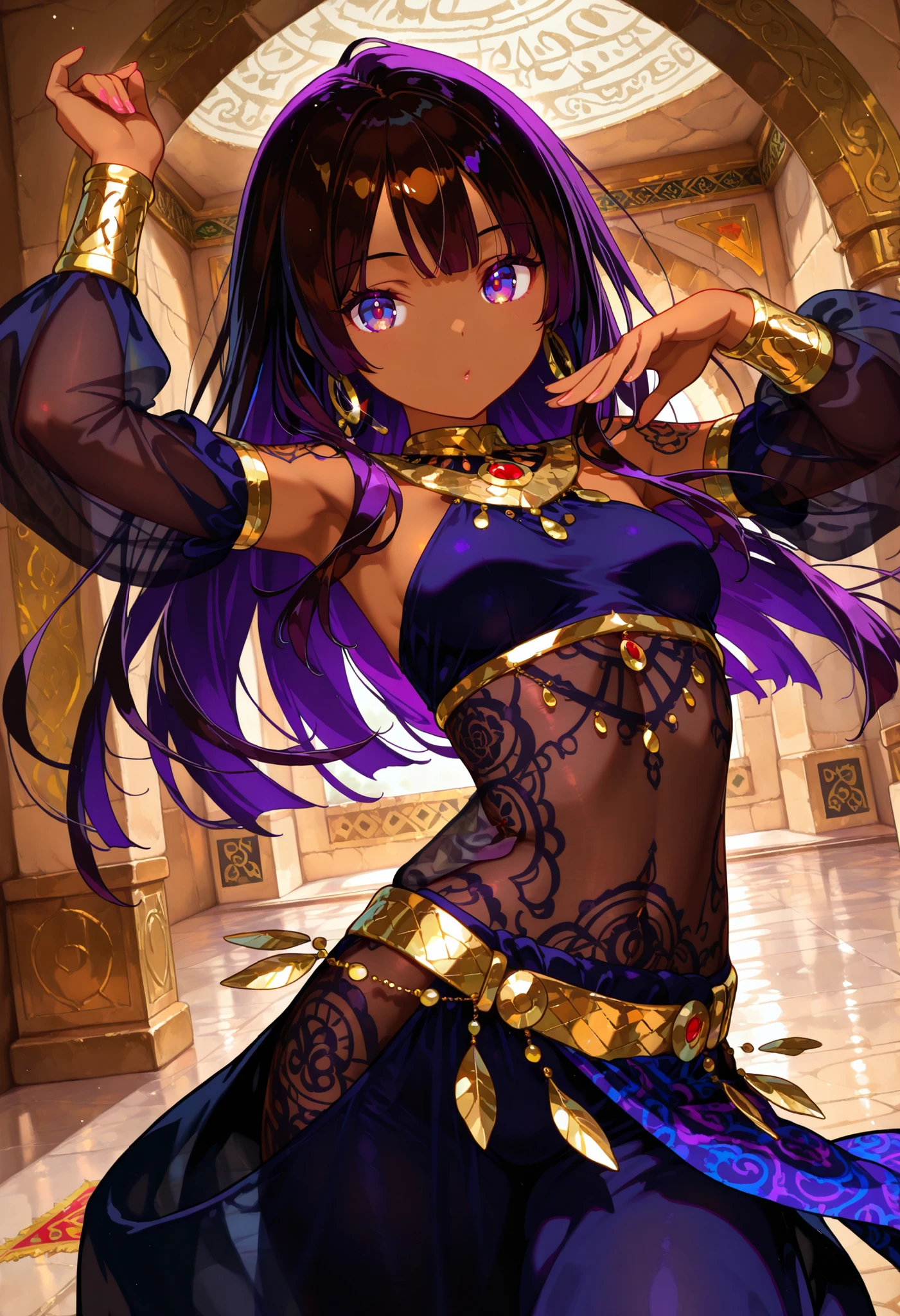 1 female, youth, arabian, dark brown skin female, dark  black color hair, long hair, dark purple color eyes, served,  temptation , provocative , ethnic patterns tattoo,full-body tattoo, dancing, see through wear, looking at viewer, saloon,