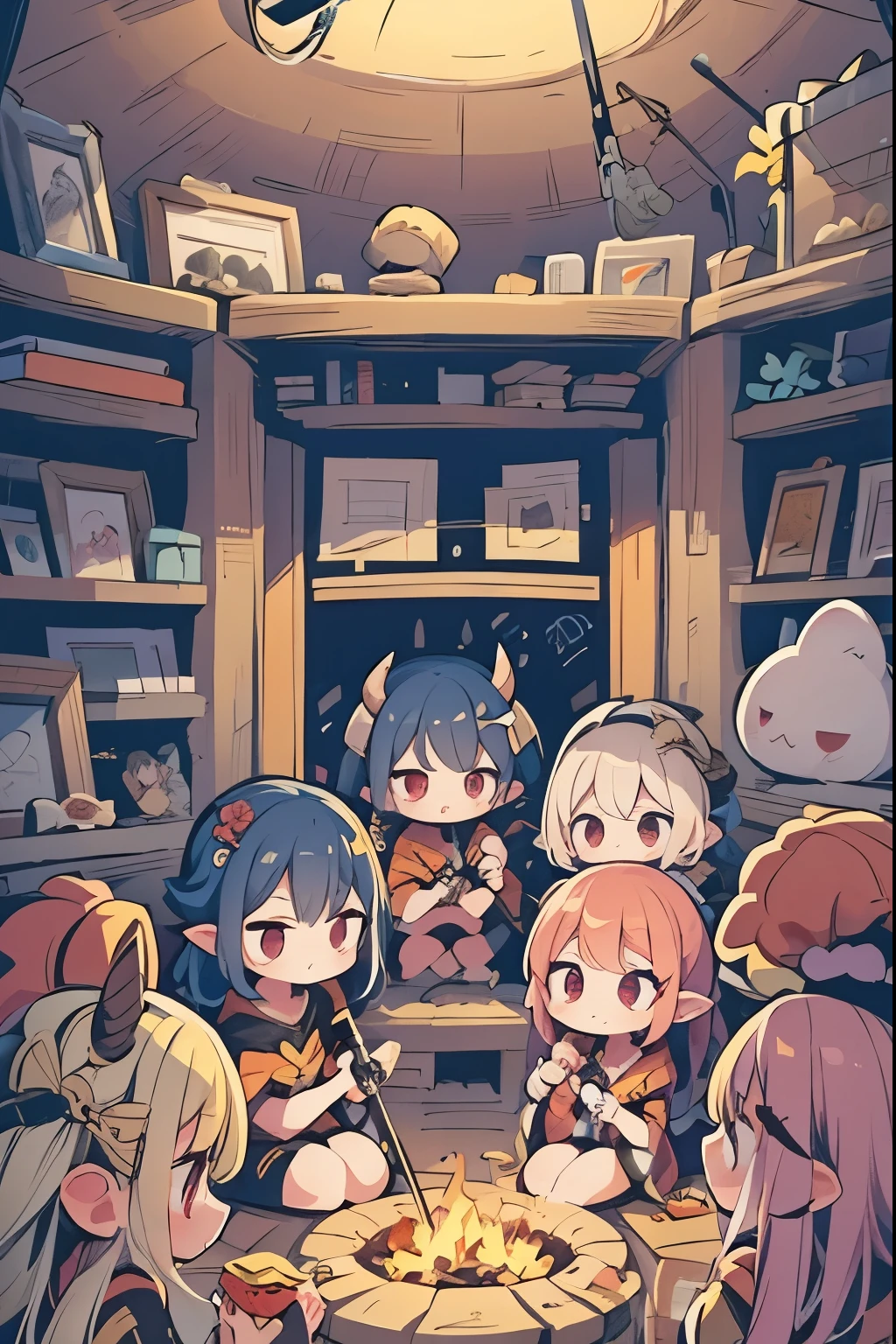 "Backstage at the Lava Lounge" A group of demon idols getting ready for their concert—one's fixing their horns, another's adjusting their flaming mic stand.