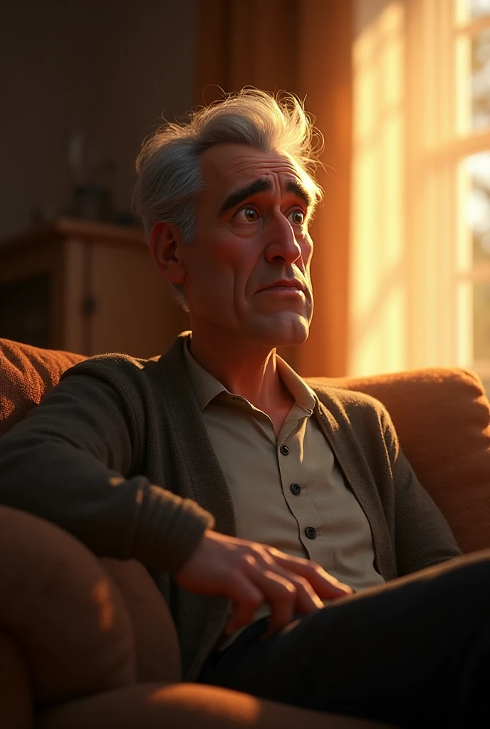 Homem de 40 anos com cabelos grisalhos sentado no sofa assistindo TV no estilo pixar