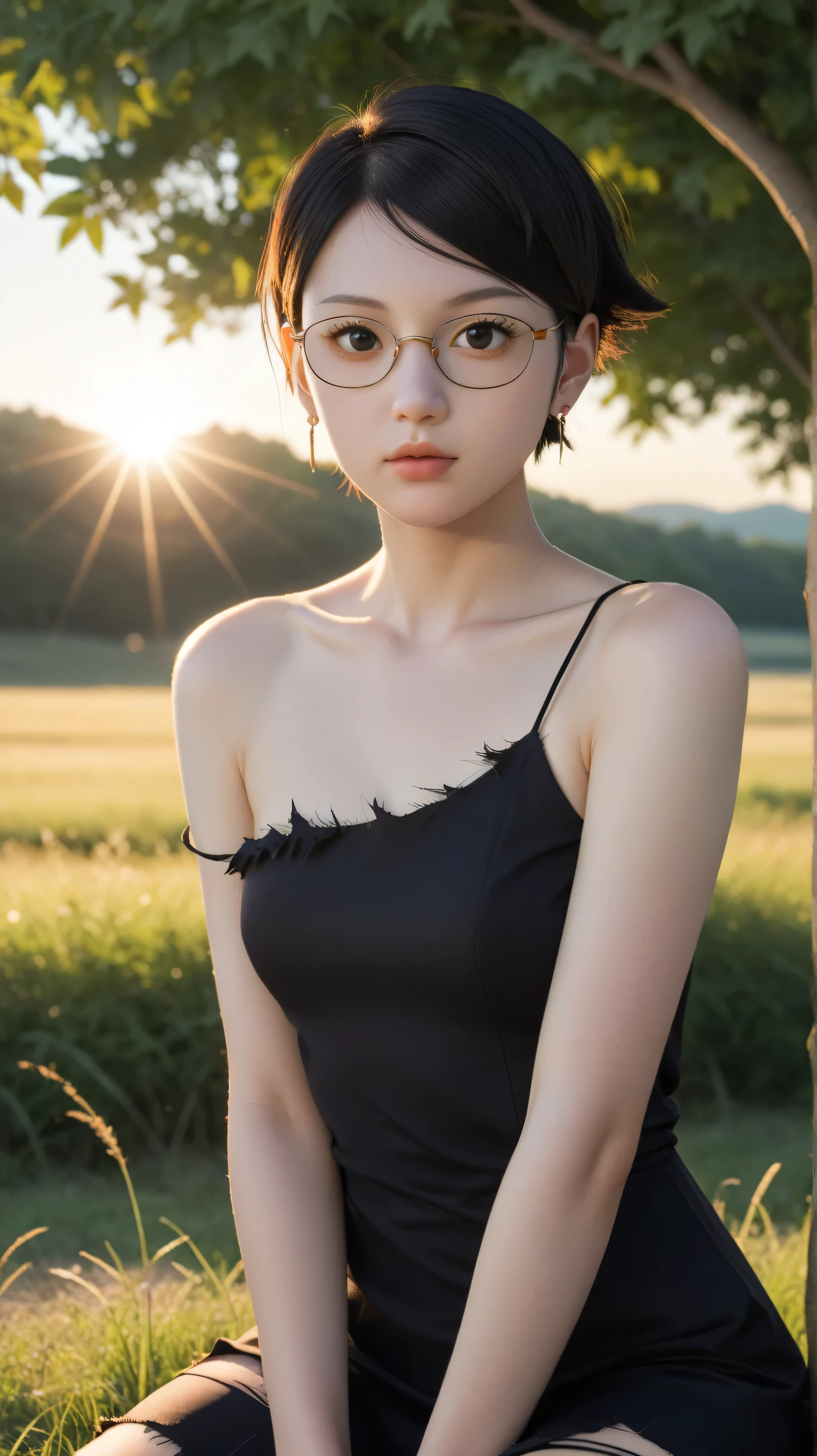 1girl, solo,sarada uchiha,black eyes,black hair,buzz-cut hair,outdoors,potrait,small breast,nature,tall grass background,standing on grass field,wear glasses,(sunset lighting:1.5),earings,(dark nights:1.5),looking at viwer, front view,(wear torn dress:1.5), bare shoulders,sitting on ground,close up