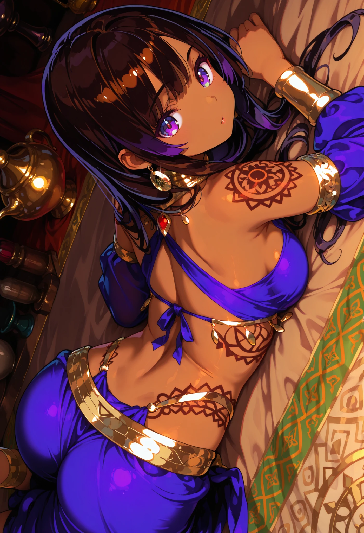 1 female, youth, arabian, dark brown skin female, dark  black color hair, long hair, dark purple color eyes, served,  temptation , provocative , ethnic patterns tattoo,full-body tattoo, dancer, lying, Prone position, from above, saloon