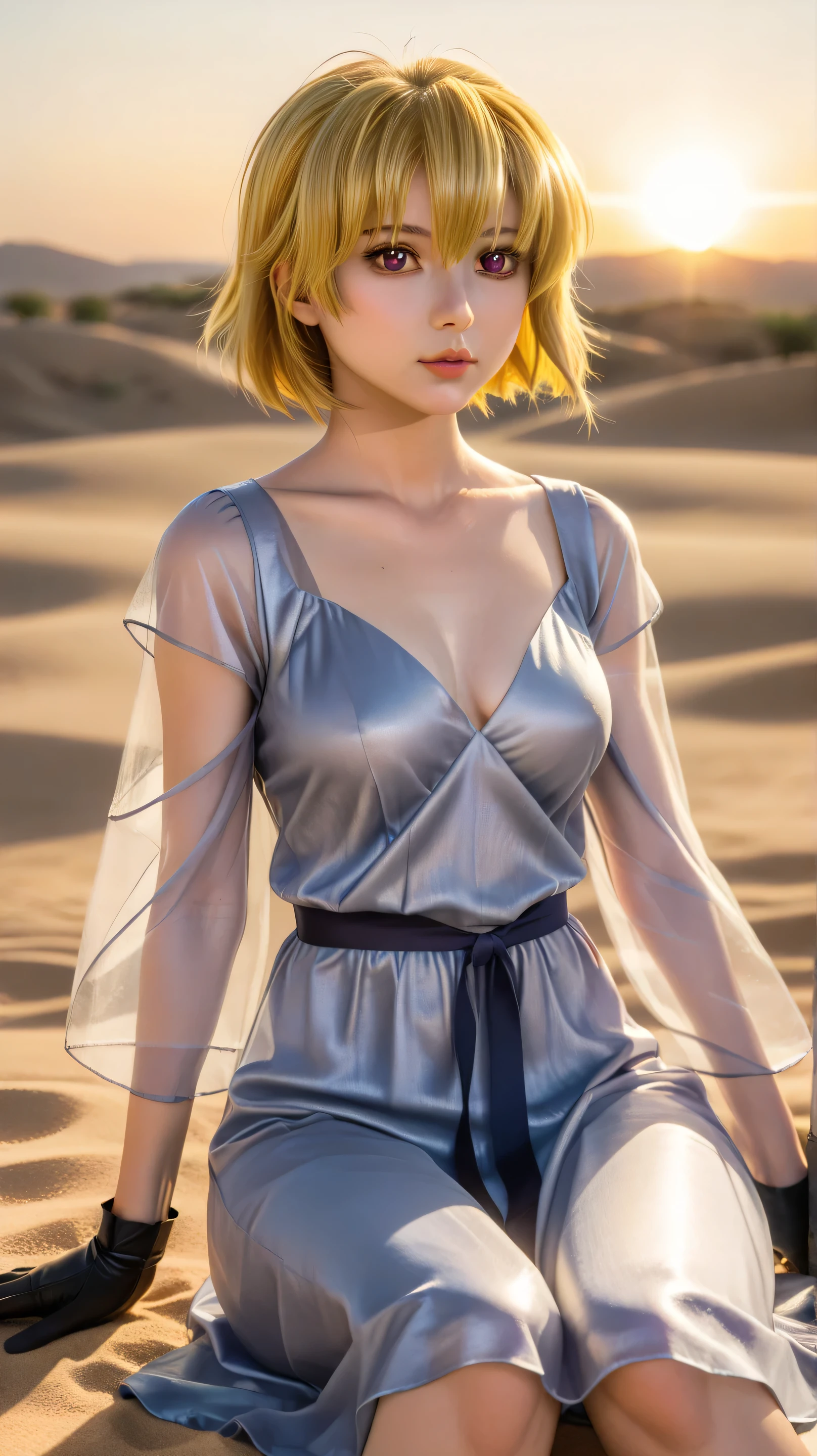 1girl, solo,stella loussier,magenta eyes,blonde hair,short hair,outdoors,potrait,medium breast,nature,desert background,sitting on sand,(sunset lighting:1.5),(dark nights:1.5),(sheer dress:1.5),looking at viwer,close up, front view, black glove