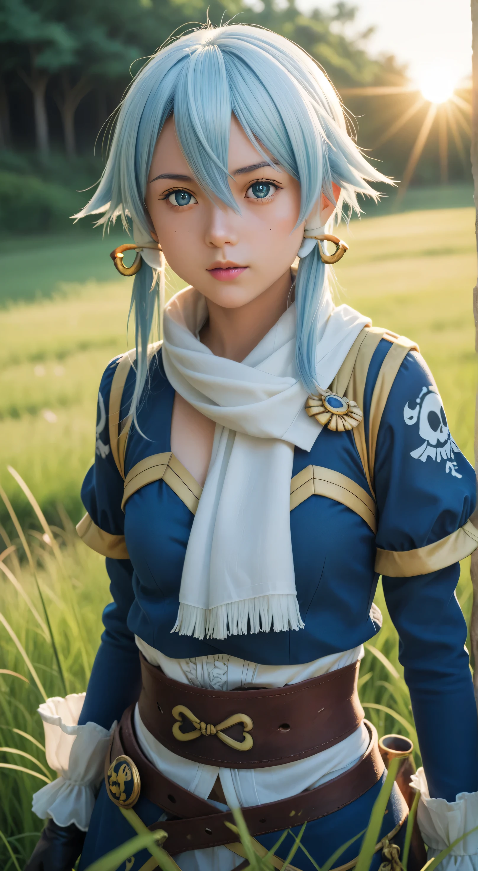1girl, solo,asada shino,blue eyes,blue hair,hair between eyes, short,outdoors,potrait,small breast,nature,standing under ruins,sidelocks,(sunset lighting:1.5),red sunset,looking at viewer, front view,close up,white scarf, arm warmers,black glove,(tall grass background:1.5),close up,(pirate outfit:1.5)