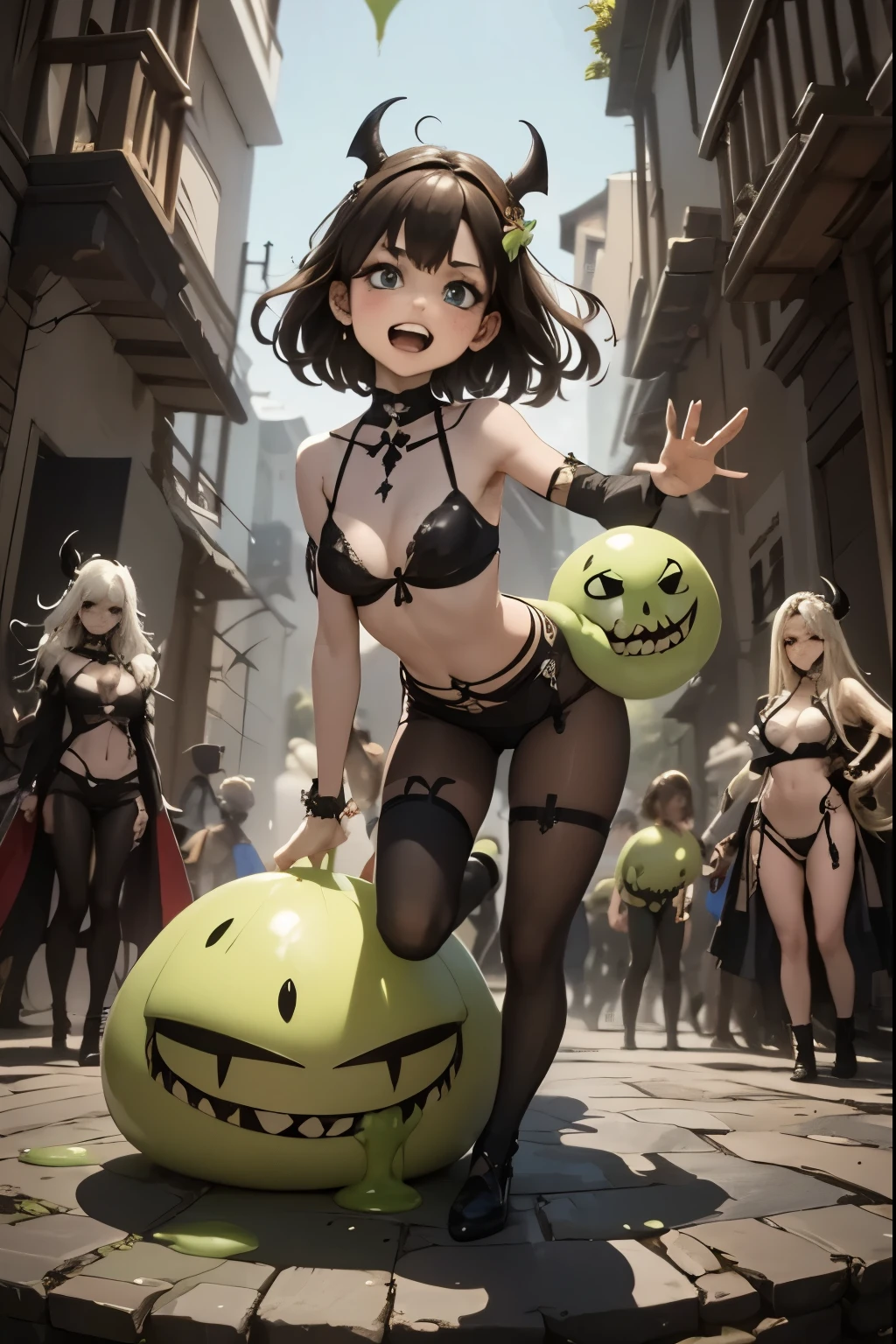 The Infernal Auditions. Hell’s talent scouts judging a lineup of bizarre creatures: a banshee with killer vocals, a skeleton breakdancer, and a slime blob that beatboxes.