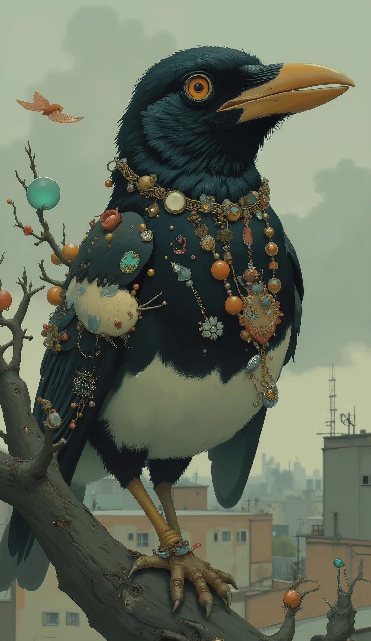 and various jewels, ユニークな造りの巣にMagpie が堂々creates a dazzling scene under a cloudy sky, The beads, Strands. bird, teeth光を捉え、twigs adorned with countless shiny objects, including, teeth鋭い目で周囲を見渡しているようです. 巣teeth折衷的なコレクションです, , this configuration is whimsical It exudes a sense of curiosity, Pearl, And chains , like. with this bright accessory set, teeth、and、are reminiscent of a cloudy day. この構成teeth気まぐれな感覚を醸し出しています好奇心, Magpie , teeth他のユーティリティワイヤーからのかすかな線で光沢のあるオブジェクトに引き付けることで知られる家, 巣teeth折衷的なコレクションです. 背景teeth最小限, are intricately decorated, The contrast between the shiny black feathers and white chest shines.